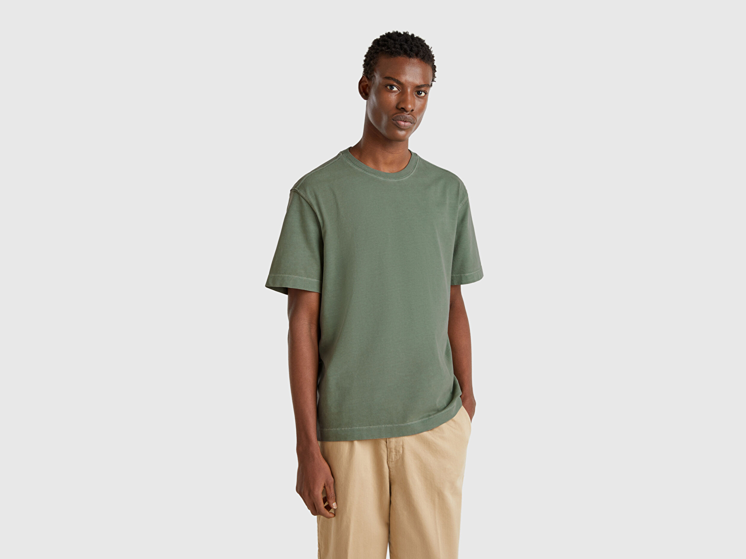 Benetton Erkek Yeşil %100 Pamuk Logo Baskılı Relax Fit T-Shirt