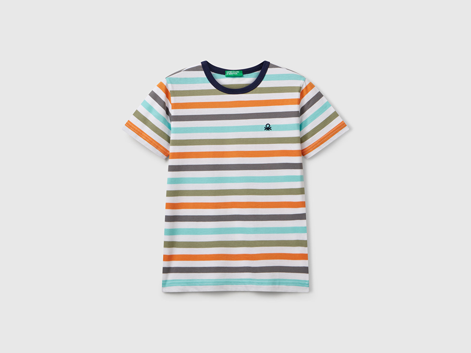 Benetton Erkek Çocuk Turkuaz Mix Çizgili Önü Logo İşlemeli T-Shirt