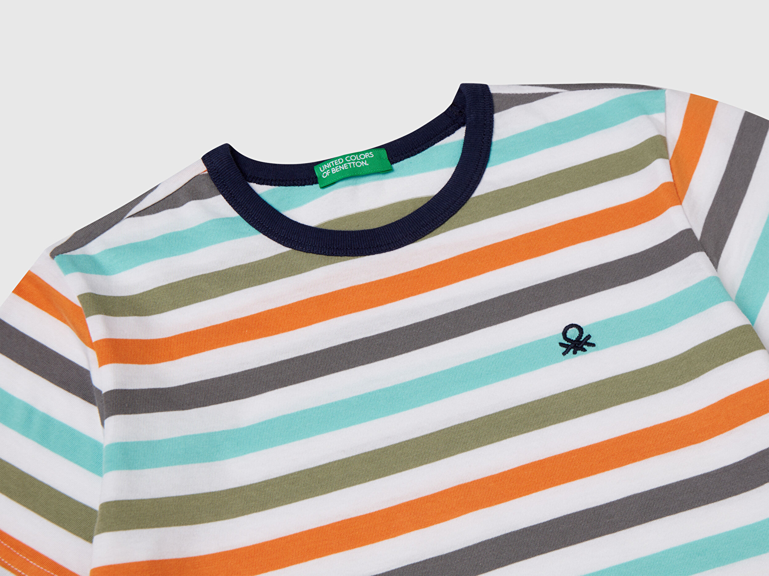 Benetton Erkek Çocuk Turkuaz Mix Çizgili Önü Logo İşlemeli T-Shirt