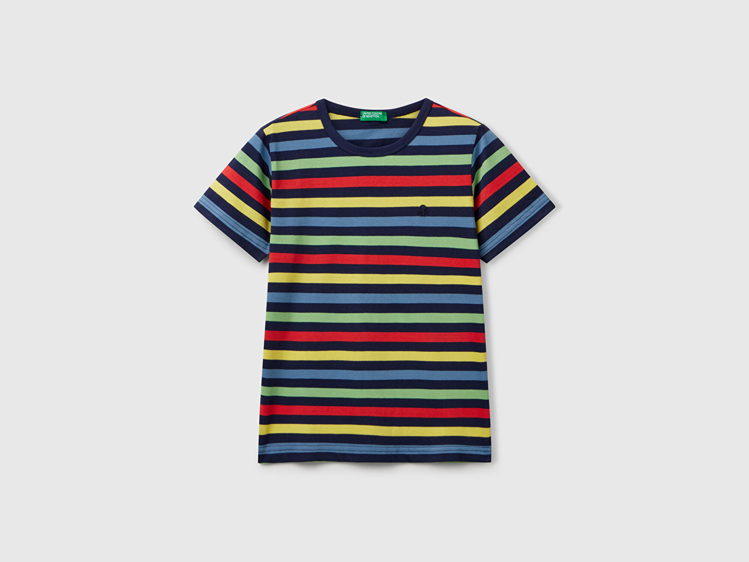 Benetton Erkek Çocuk Koyu Renkli Mix Çizgili Önü Logo İşlemeli T-Shirt