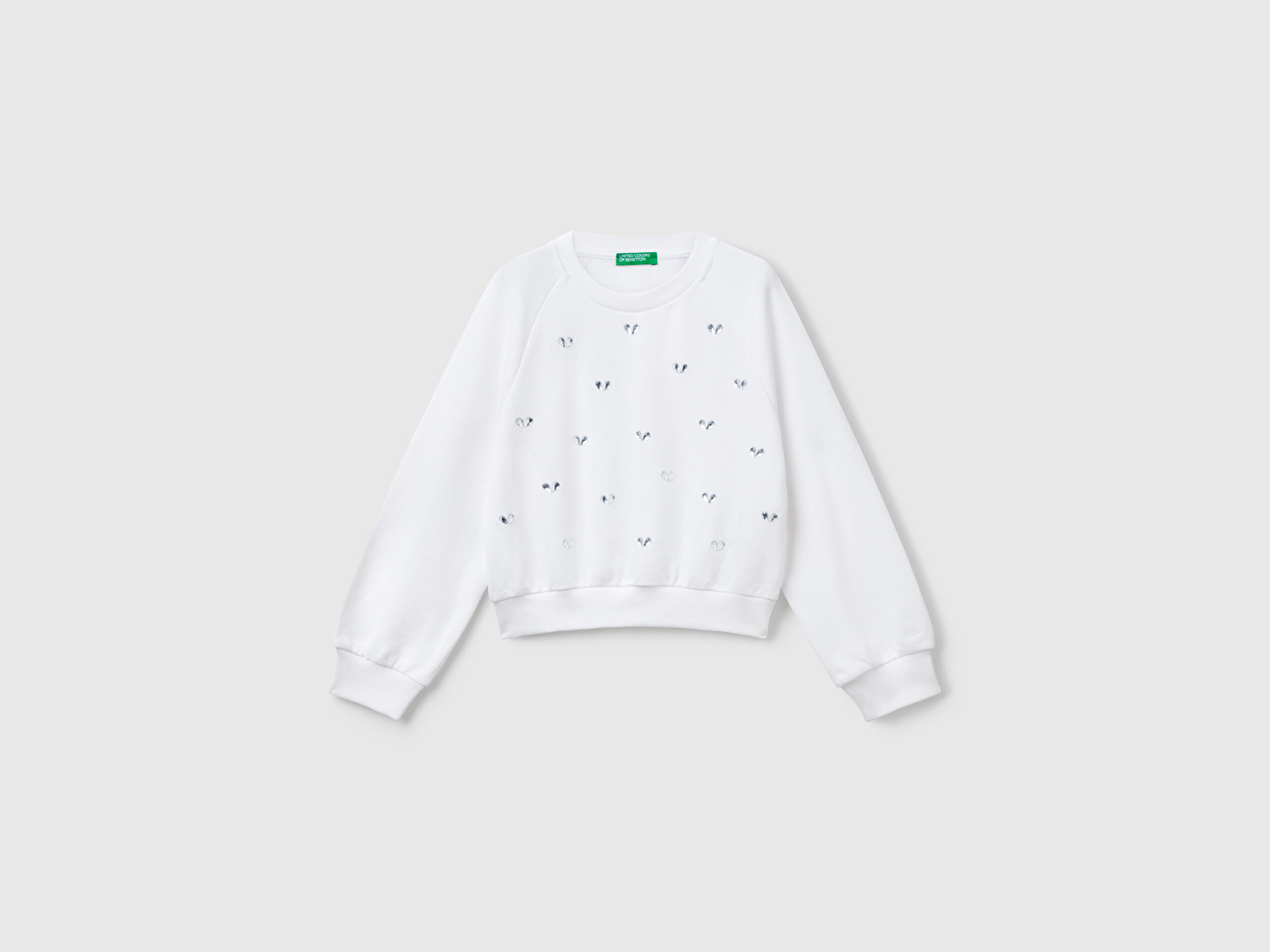 Benetton Kız Çocuk Beyaz Önü Taş Detaylı Ribanalı Bisiklet Yaka Sweatshirt