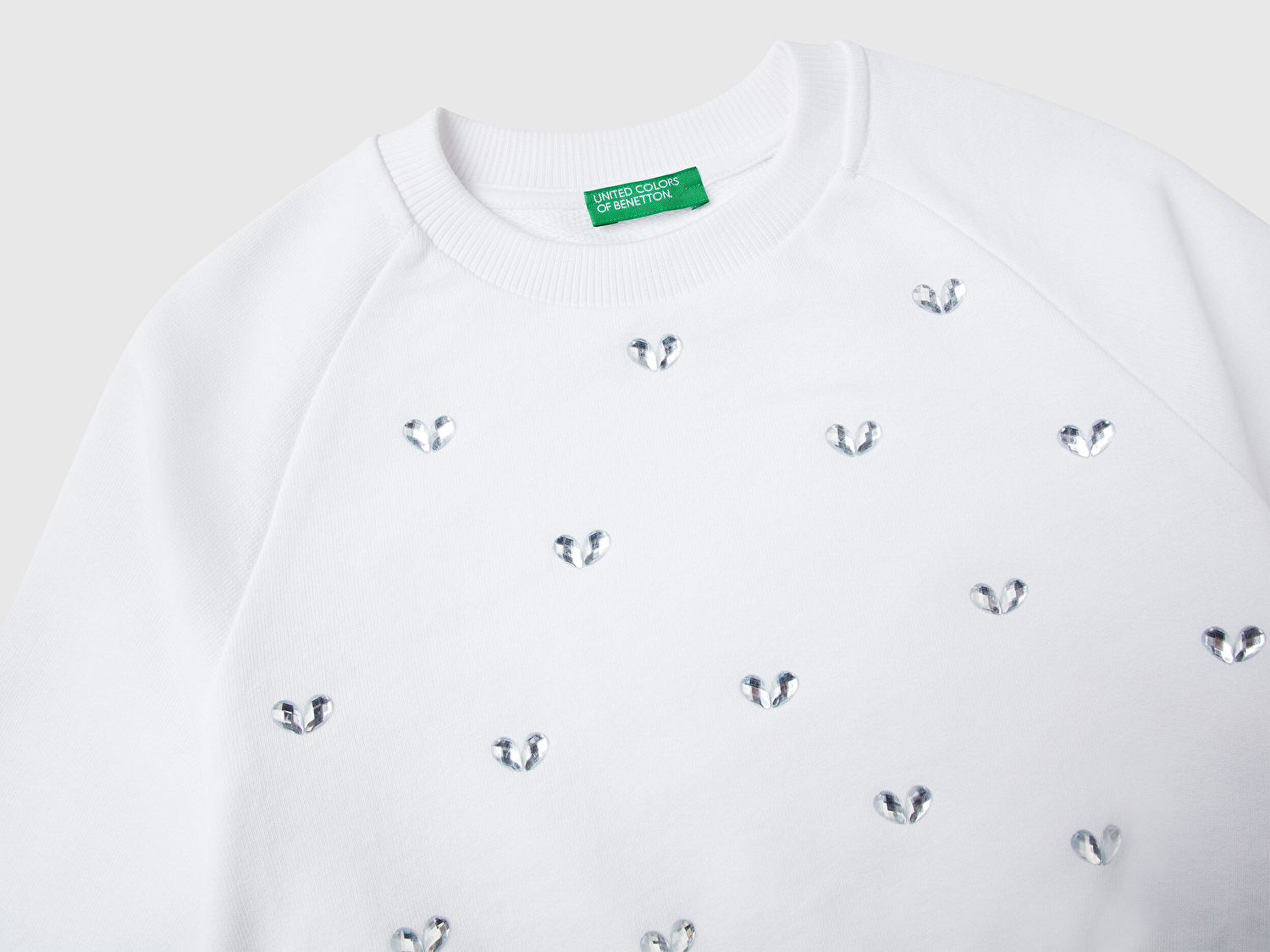 Benetton Kız Çocuk Beyaz Önü Taş Detaylı Ribanalı Bisiklet Yaka Sweatshirt
