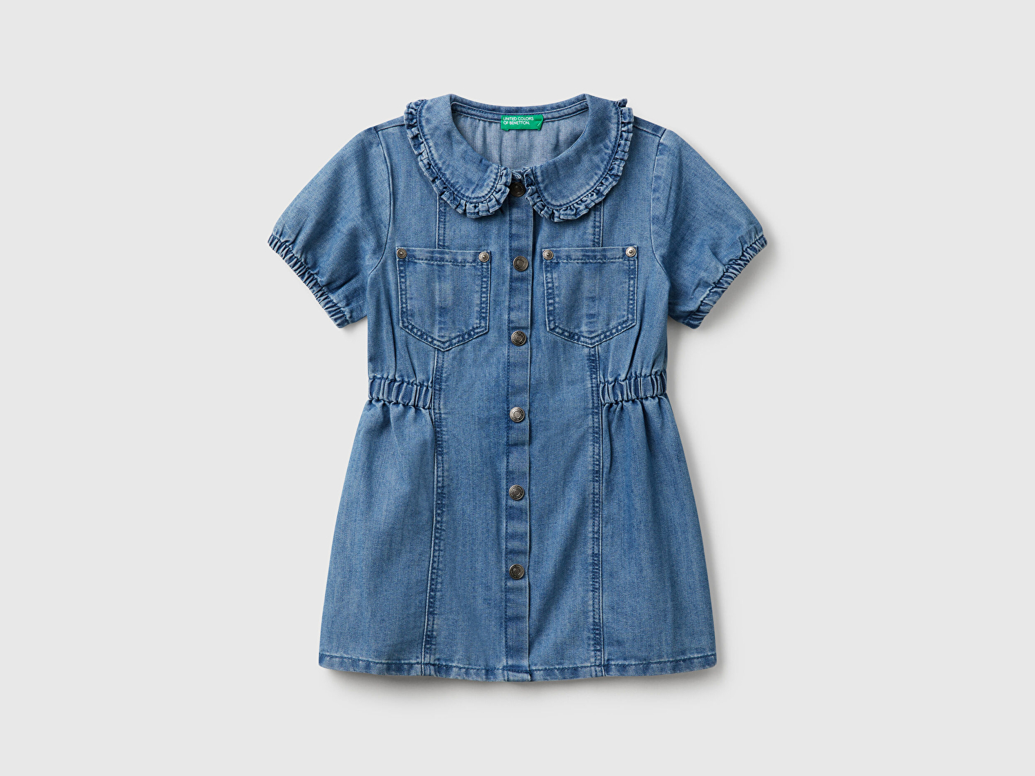 Benetton Kız Bebek Denim Önü Çıtçıt Düğmeli Yama Cepli Kısa Kollu Denim Elbise