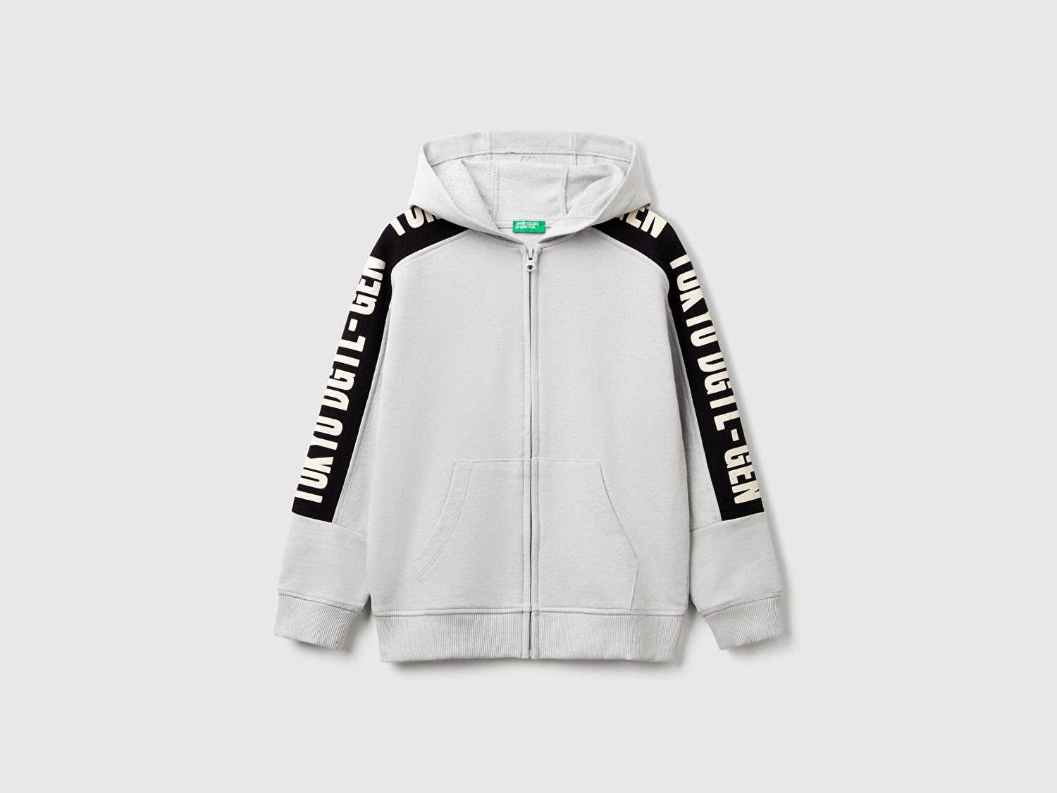 Benetton Erkek Çocuk Gri Melanj Kolları Baskı Şerit Detaylı Fermuarlı Kapüşonlu Sweatshirt