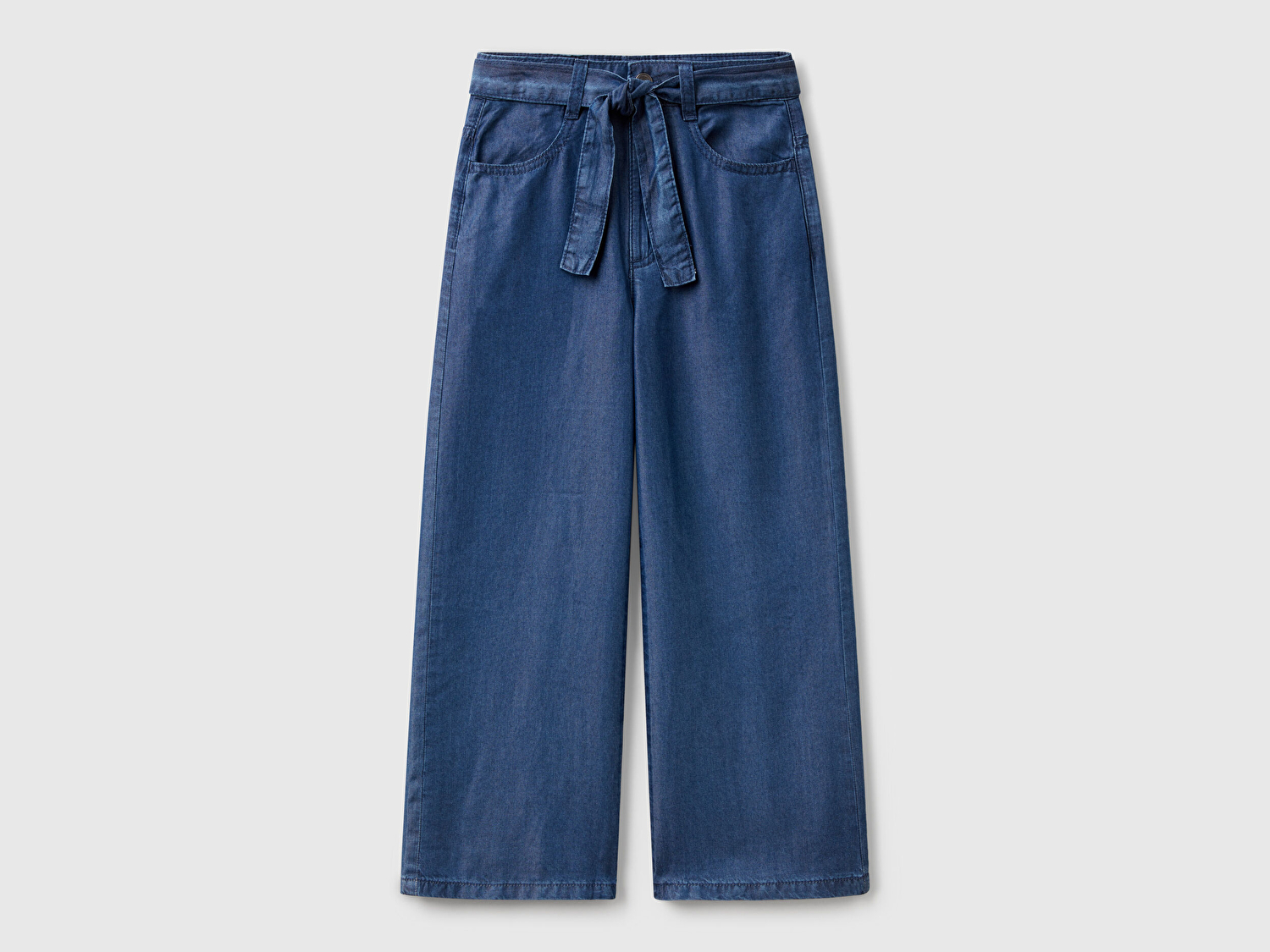 Benetton Kız Çocuk Koyu Denim %100 Liyosel Beli Kuşaklı Wide Fit Denim Pantolon