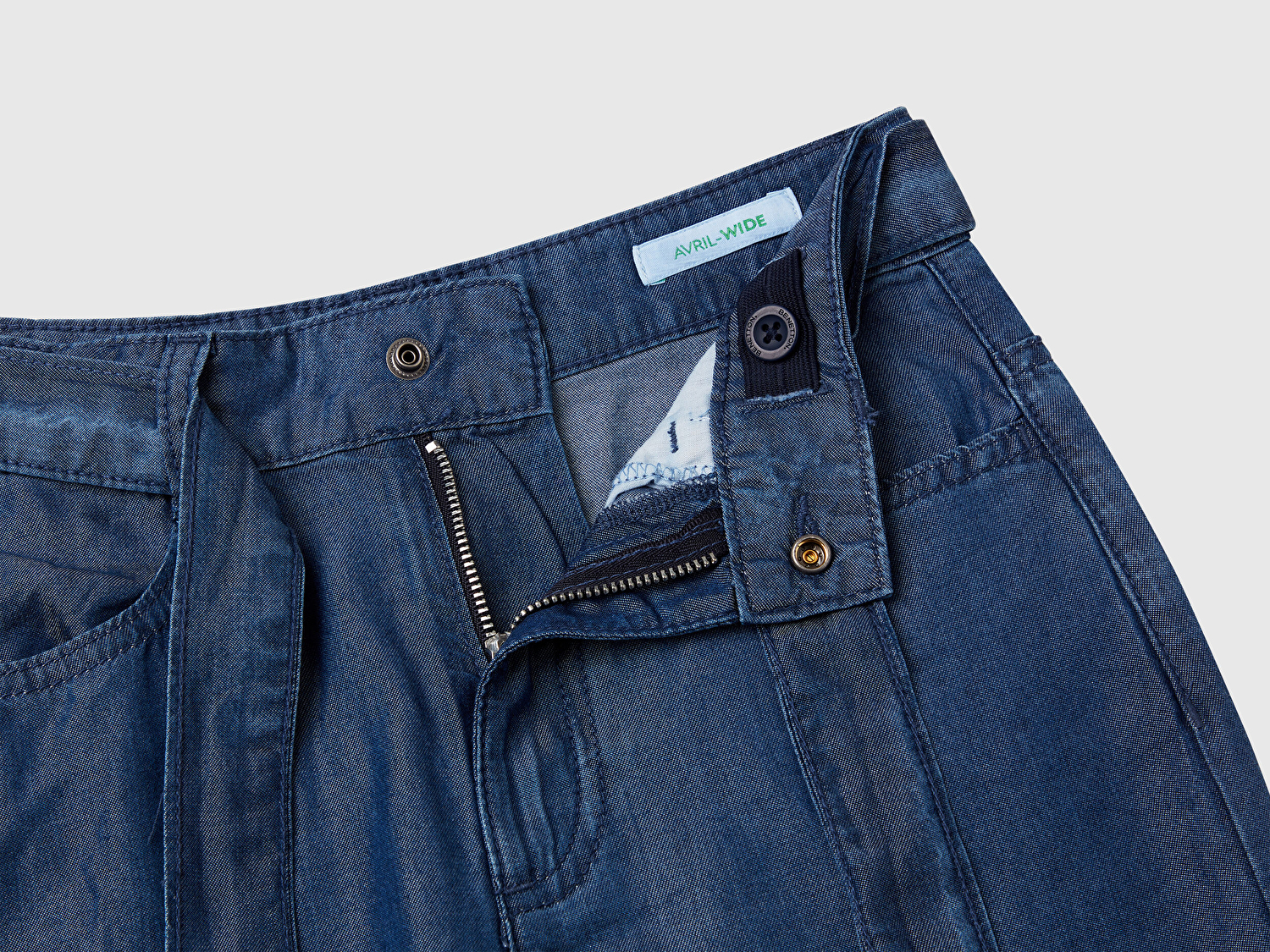 Benetton Kız Çocuk Koyu Denim %100 Liyosel Beli Kuşaklı Wide Fit Denim Pantolon