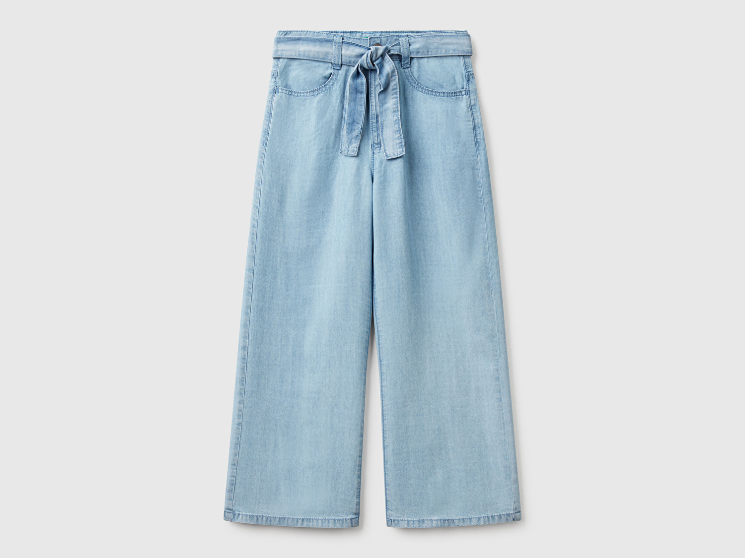 Benetton Kız Çocuk Açık Denim %100 Liyosel Beli Kuşaklı Wide Fit Denim Pantolon