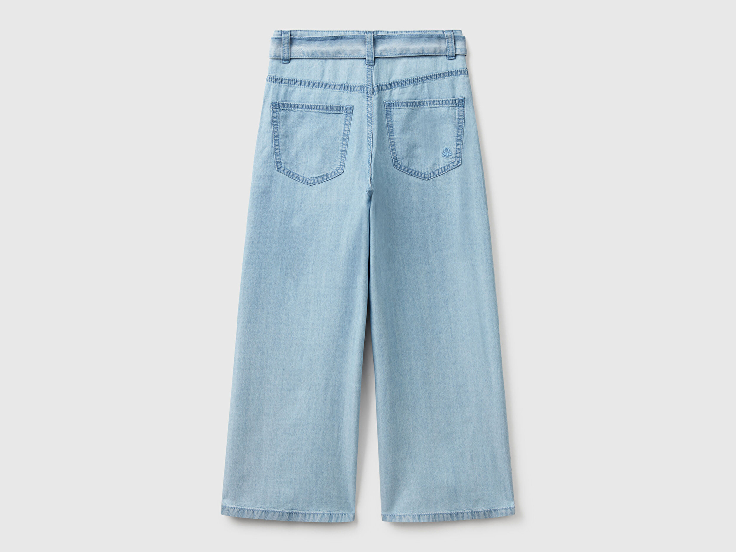 Benetton Kız Çocuk Açık Denim %100 Liyosel Beli Kuşaklı Wide Fit Denim Pantolon