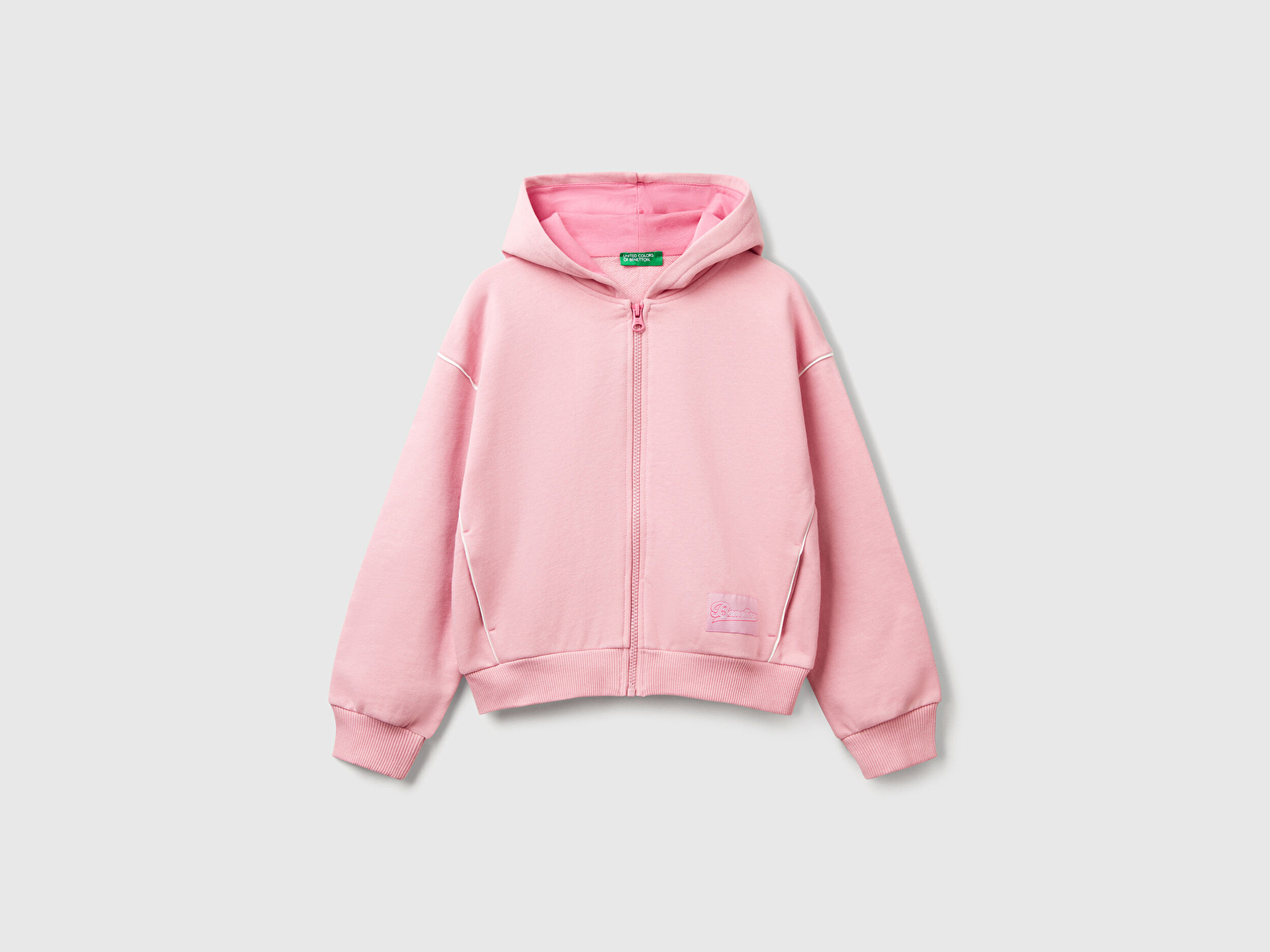 Benetton Kız Çocuk Pembe Kontrastlı Logo Etiketli Kapüşonlu Fermuarlı Oversize Sweatshirt