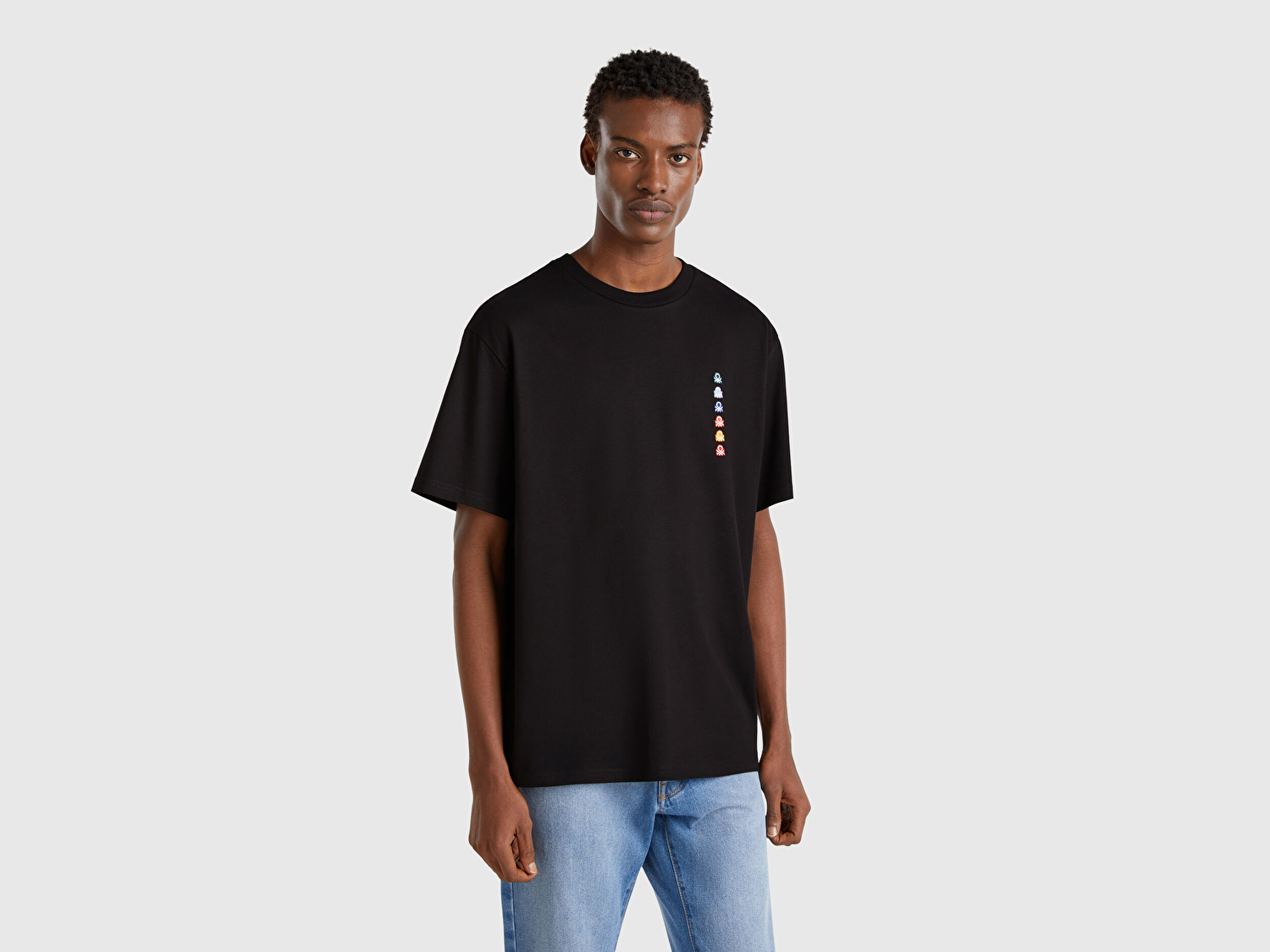 Benetton Erkek Siyah %100 Pamuk Çok Renkli Logolu Oversize Bisiklet Yaka T-Shirt