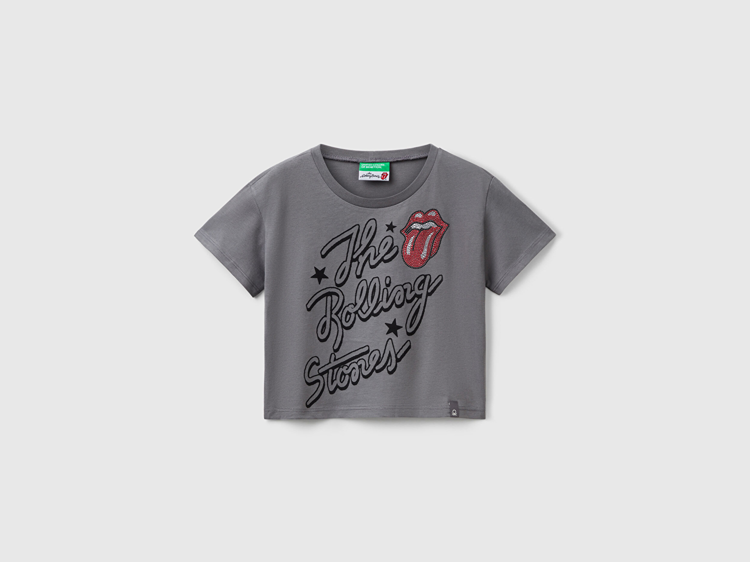 Benetton Kız Çocuk Antrasit Rolling Stones Baskılı Logo Etiketli T-Shirt