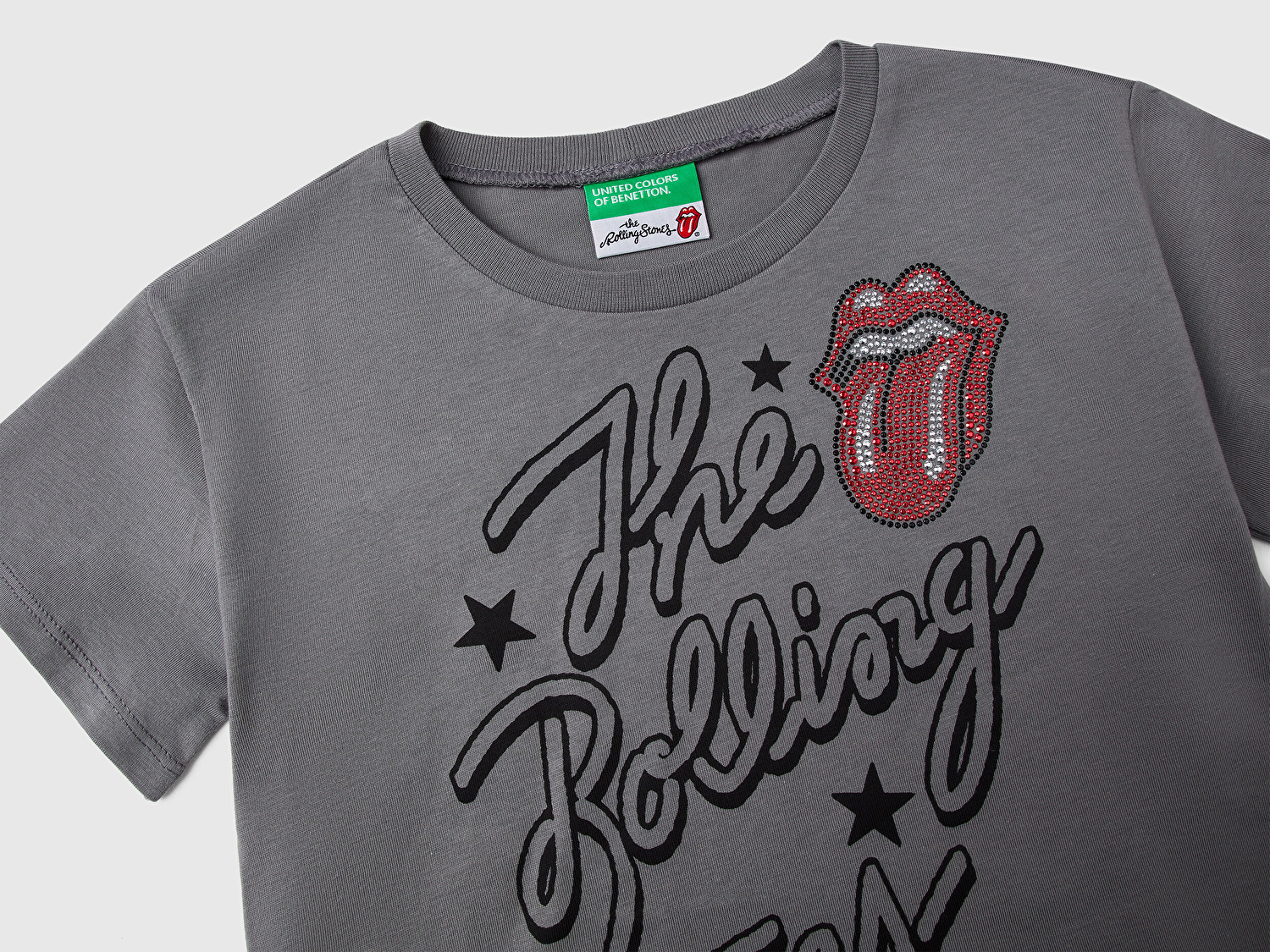 Benetton Kız Çocuk Antrasit Rolling Stones Baskılı Logo Etiketli T-Shirt