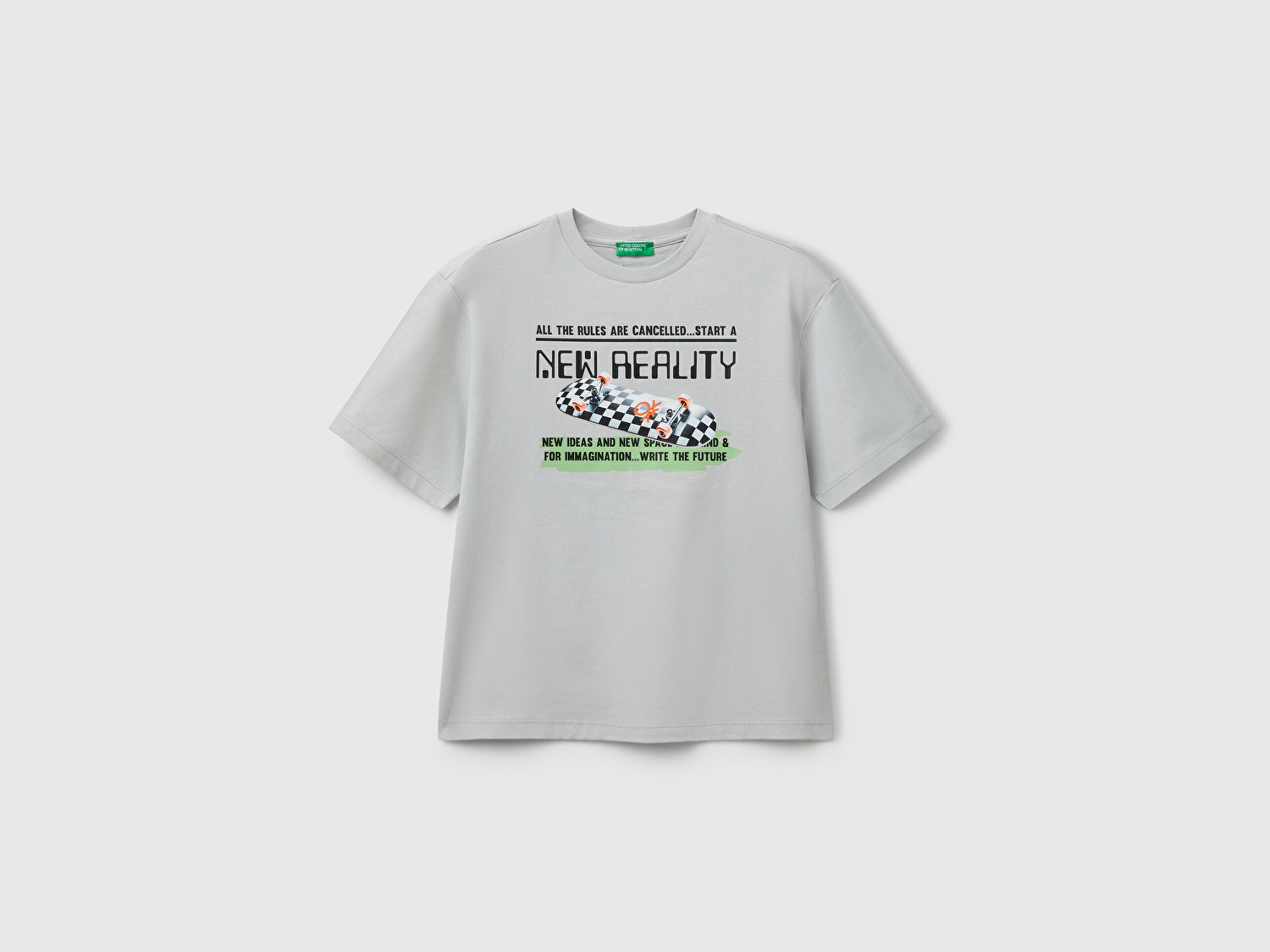 Benetton Erkek Çocuk Gri Melanj Baskılı Arkası Logo Etiketli T-Shirt