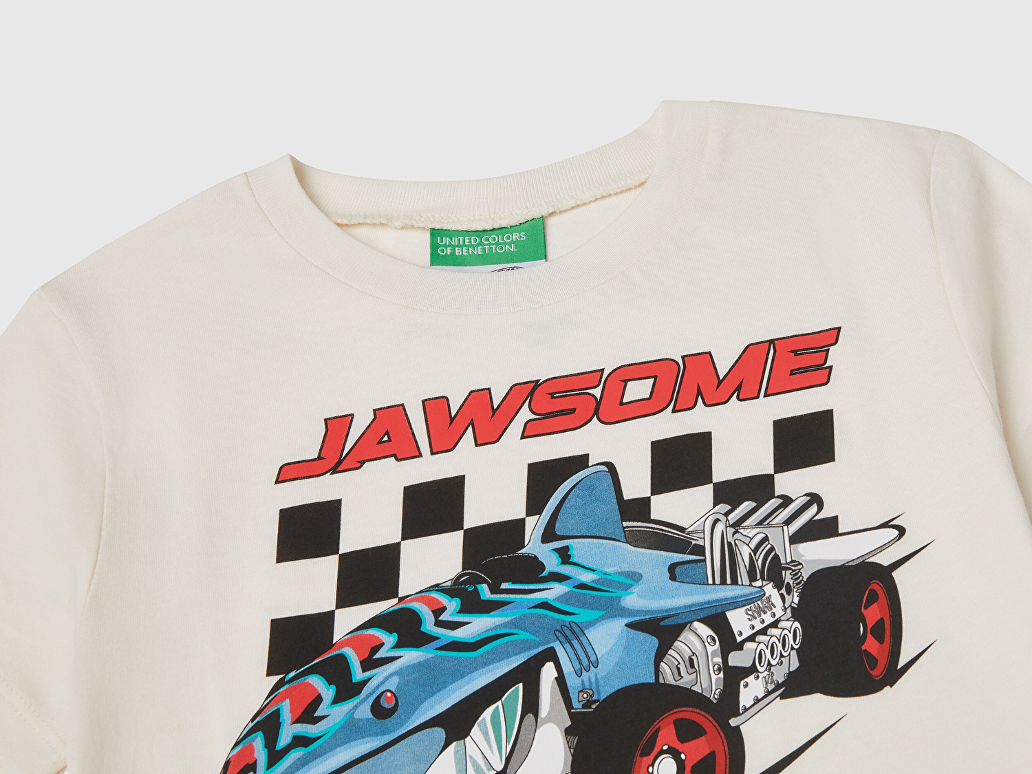 Benetton Erkek Bebek Ekru Hot Wheels Baskılı Logo Etiketli T-Shirt