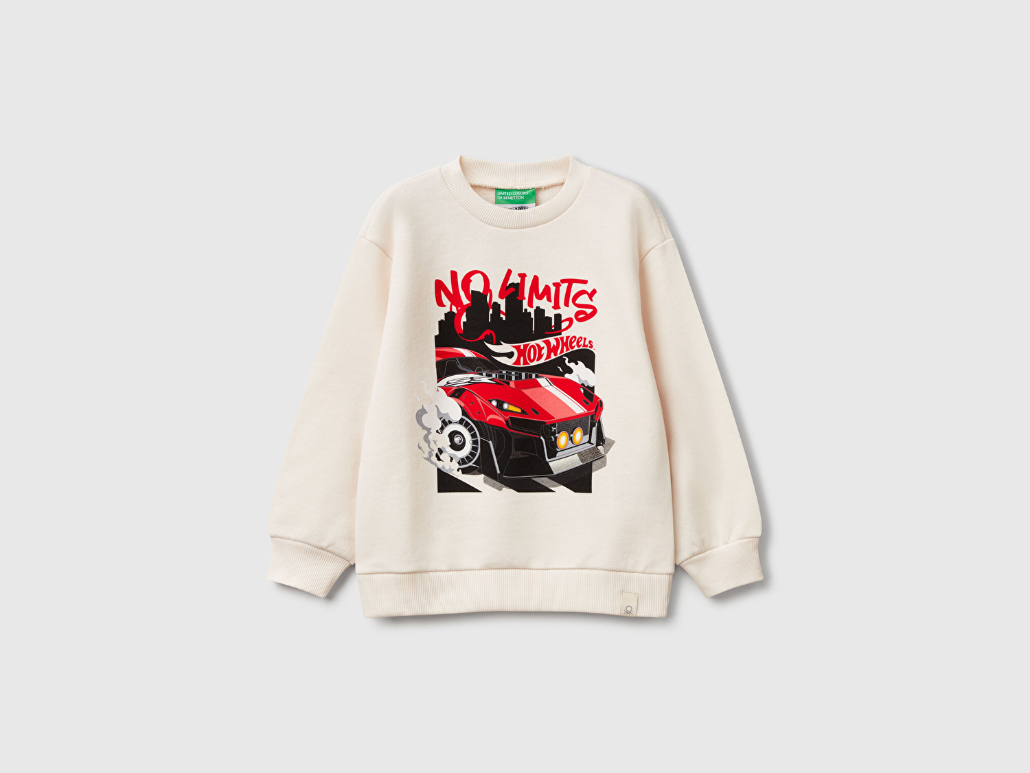 Benetton Erkek Bebek Ekru Hot Wheels Baskılı Logo Etiketli Bisiklet Yaka Sweatshirt