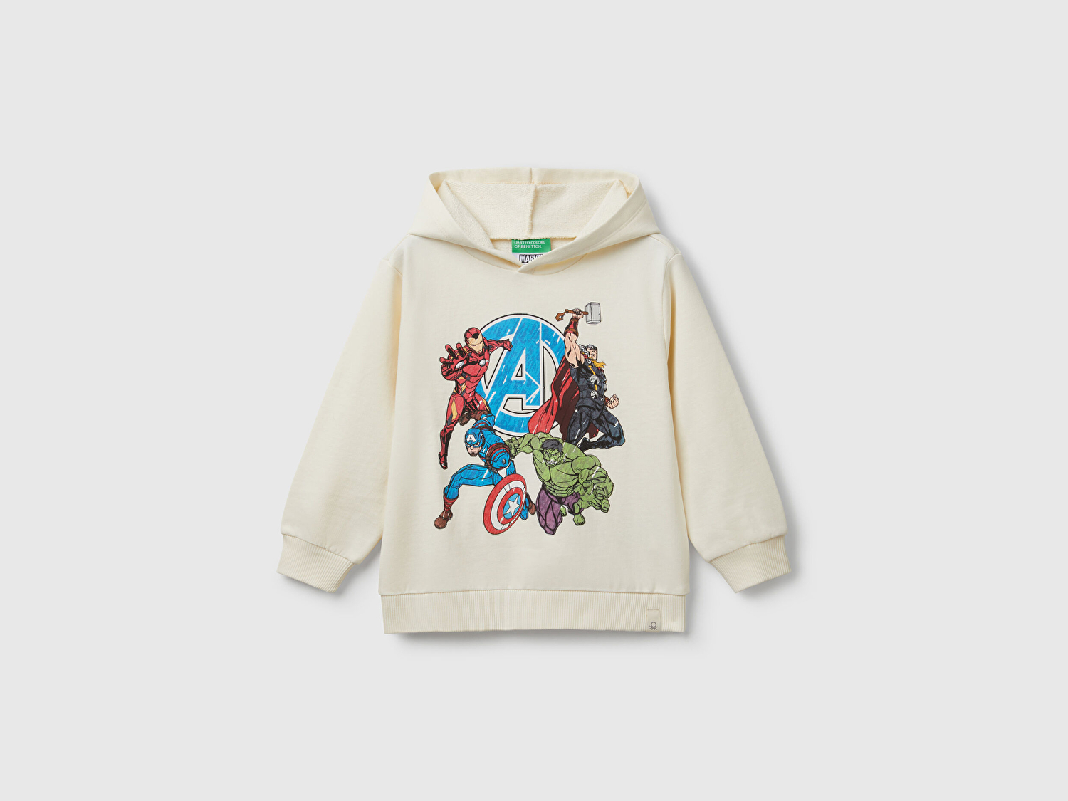 Benetton Erkek Bebek Ekru Marvel Kahraman Baskılı Etiket Logolu Kapüşonlu Sweatshirt