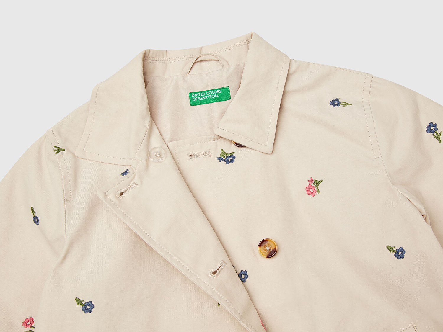Benetton Kız Bebek Ekru Tamamı Çiçek İşlemeli Manşetli Trençkot