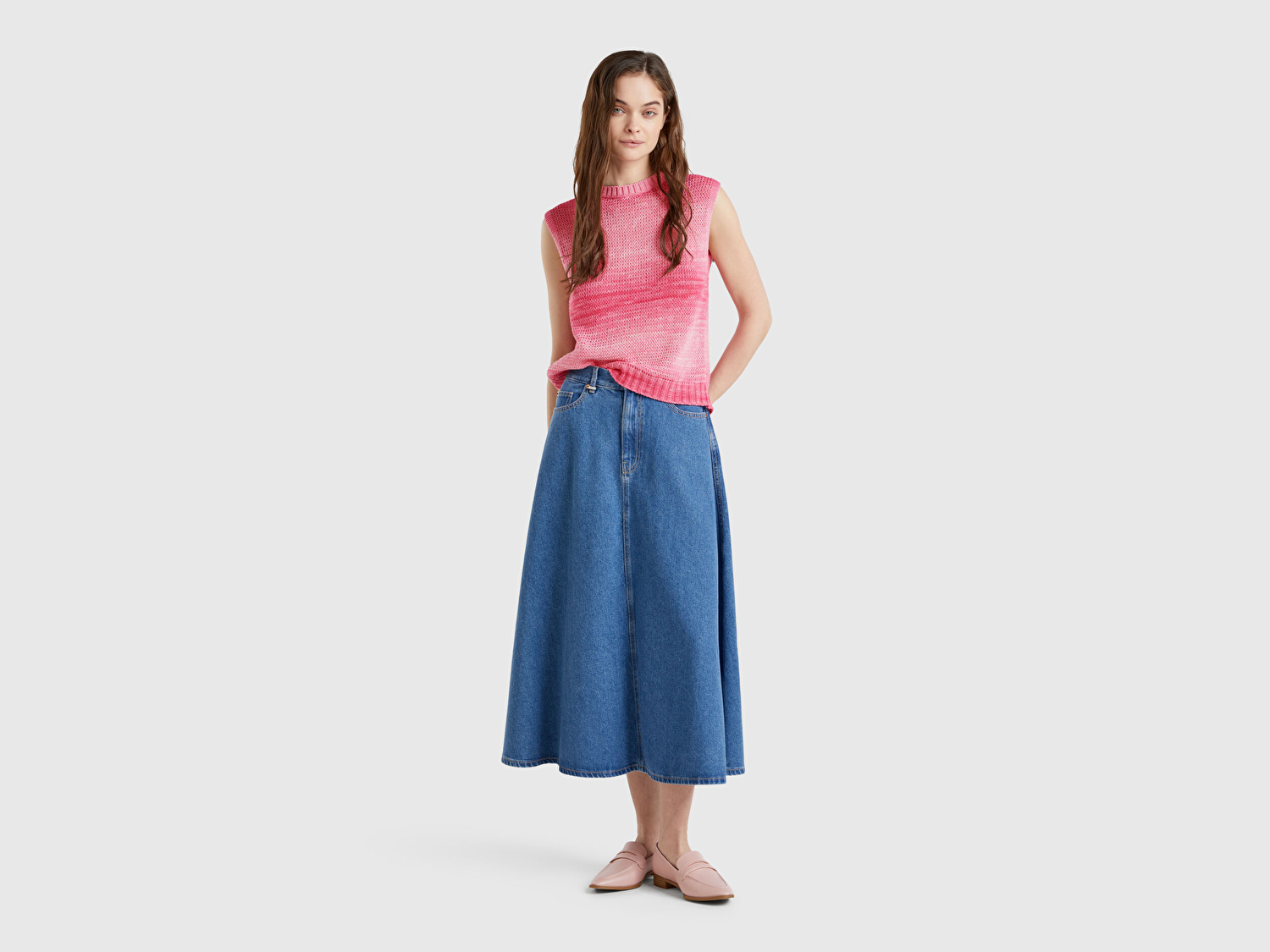 Benetton Kadın Pembe Mix %100 Pamuk Gölge Efektli Ribanalı Relax Fit Süveter
