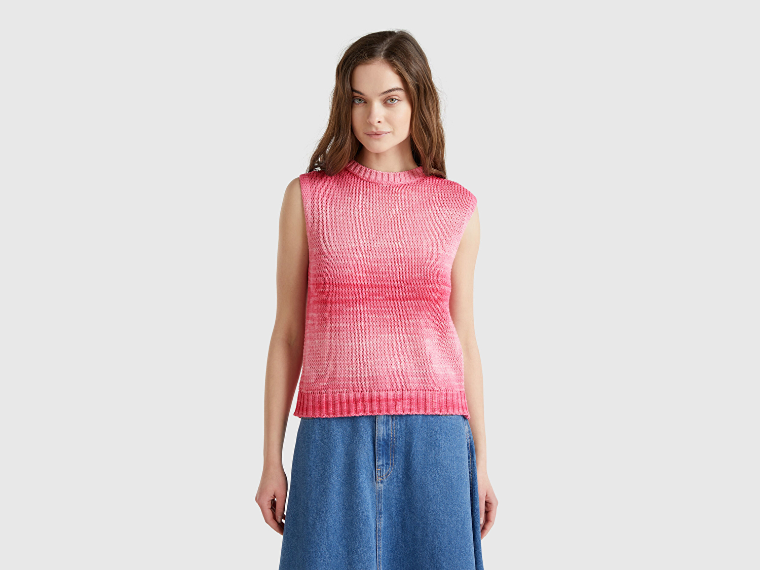 Benetton Kadın Pembe Mix %100 Pamuk Gölge Efektli Ribanalı Relax Fit Süveter