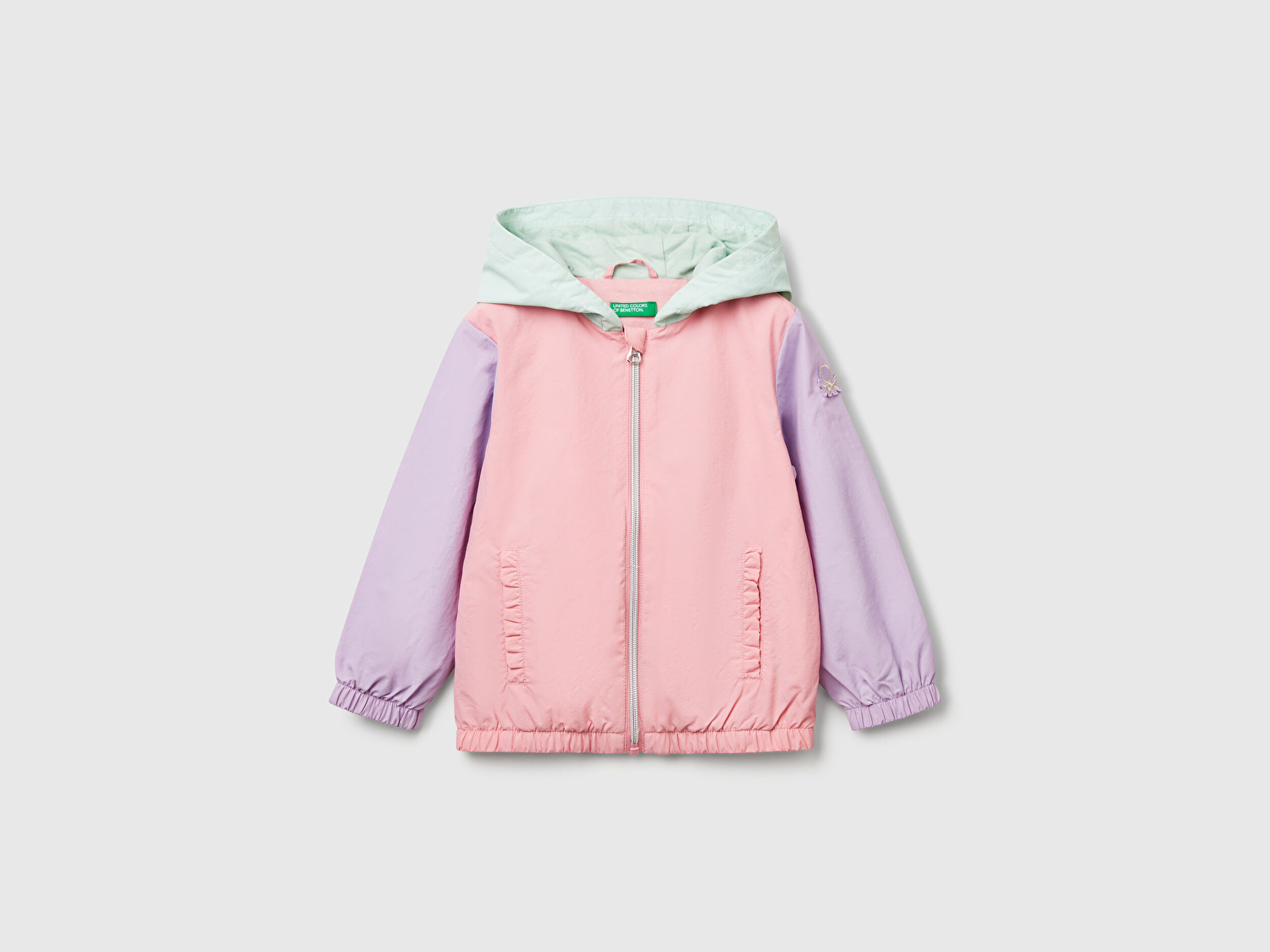 Benetton Kız Bebek Pembe Mix Kolu Logo Detaylı Astarlı Kapüşonlu Yağmurluk