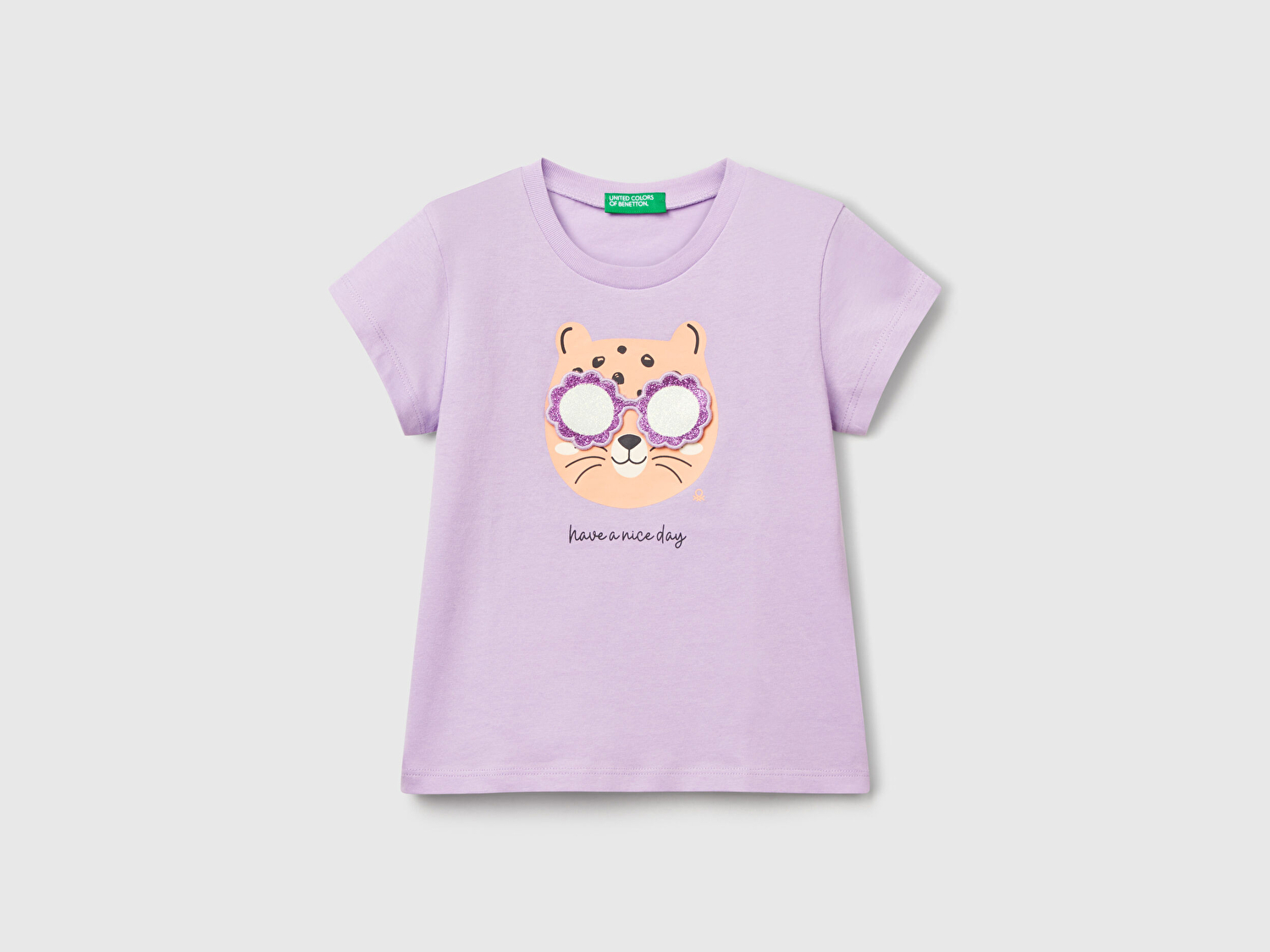 Benetton Kız Bebek Lila Önü Baskılı Bisiklet Yaka T-Shirt