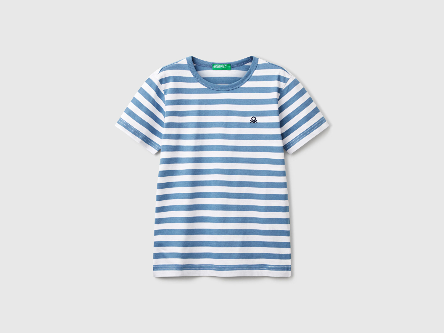 Benetton Erkek Çocuk Mavi Çizgili Önü Logo İşlemeli T-Shirt
