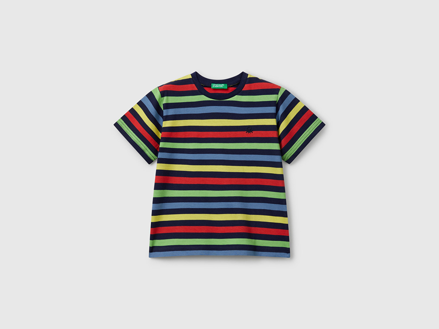 Benetton Erkek Bebek Koyu Renkli Mix Çizgili Önü Logo İşlemeli T-Shirt