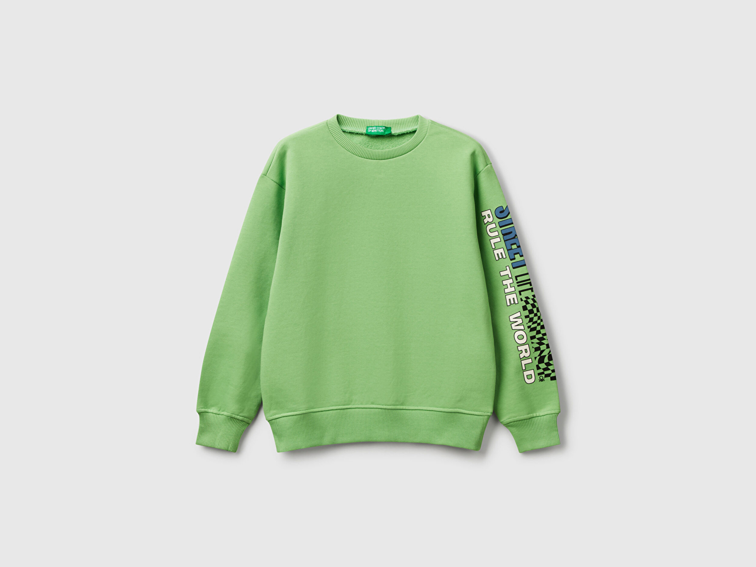 Benetton Erkek Çocuk Fıstık Yeşili Baskılı Manşetli Bisiklet Yaka Sweatshirt