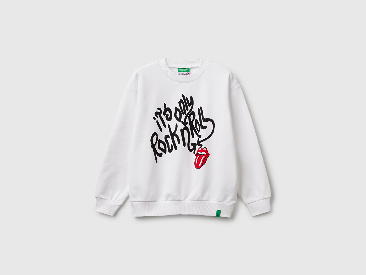 Benetton Erkek Çocuk Beyaz Rolling Stones Baskılı Etiket Logolu Bisiklet Yaka Sweatshirt