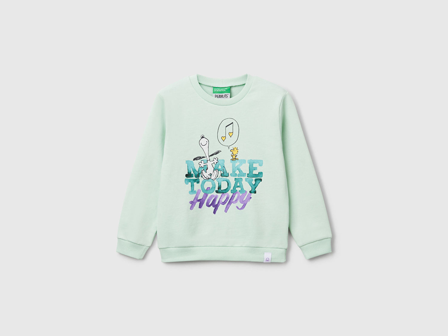 Benetton Kız Bebek Su Yeşili Peanuts Baskılı Logo Etiketli Bisiklet Yaka Sweatshirt