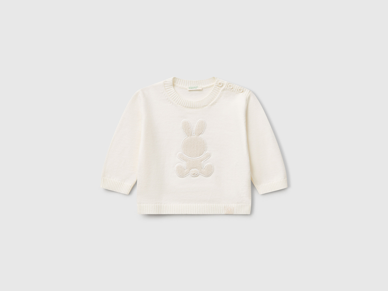 Benetton Bebek Beyaz Tavşan İşlemeli Logo Detaylı Bisiklet Yaka Kazak