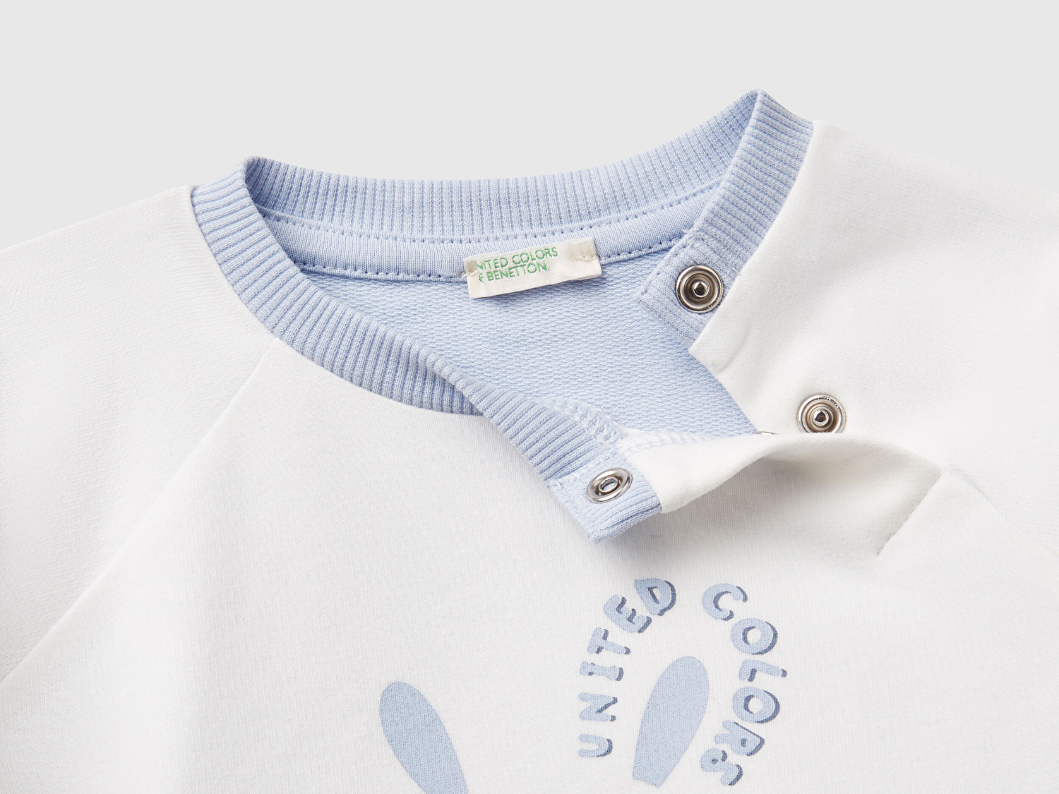 Benetton Bebek Beyaz-Mavi Baskılı Reglan Kol Üst ve Beli Büzgülü Eşofman Takım