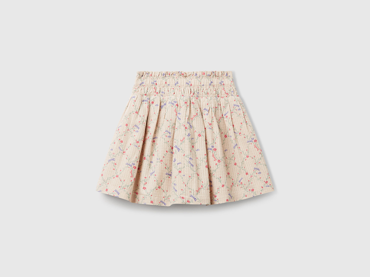 Benetton Kız Bebek Ekru Gofre Kumaş Çiçek Desenli Beli Lastikli Kuşaklı Etek