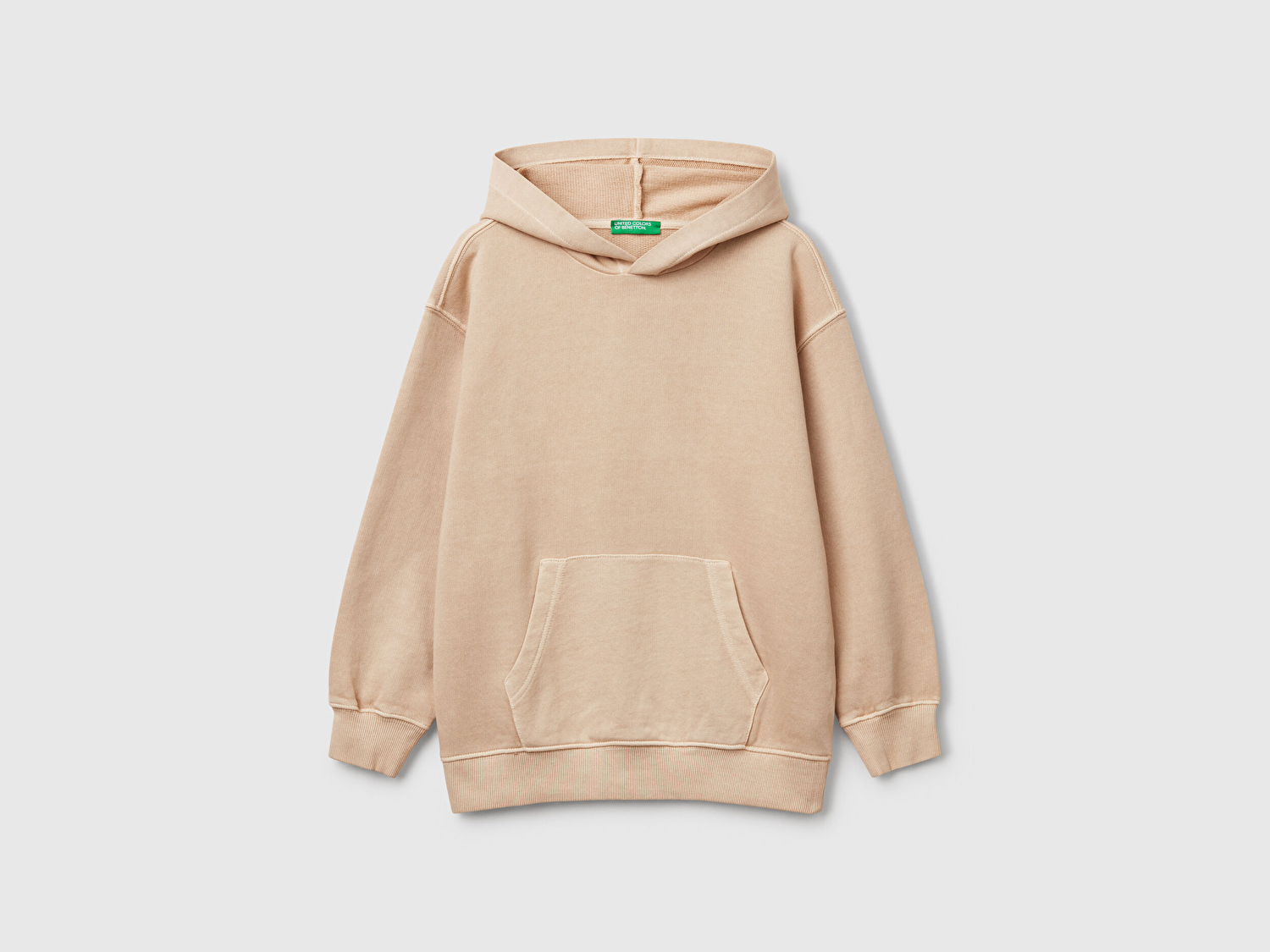 Benetton Erkek Çocuk Bej Baskılı Soluk Efektli Kese Cepli Kapüşonlu Sweatshirt