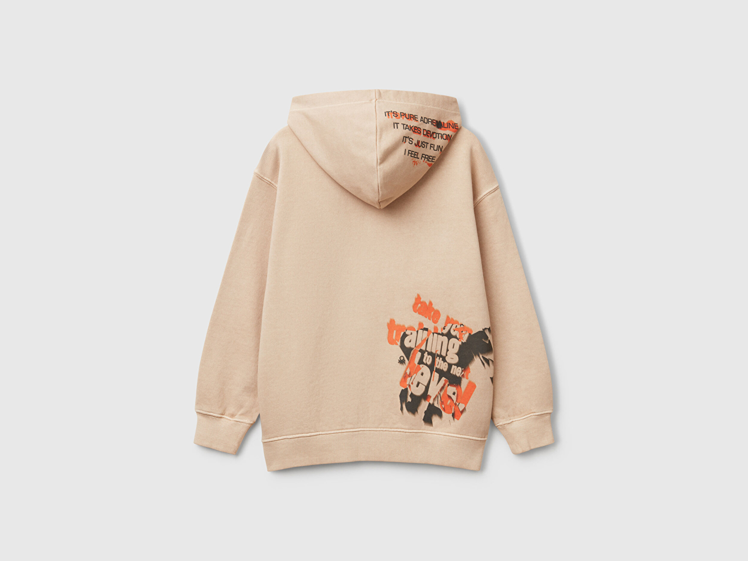 Benetton Erkek Çocuk Bej Baskılı Soluk Efektli Kese Cepli Kapüşonlu Sweatshirt