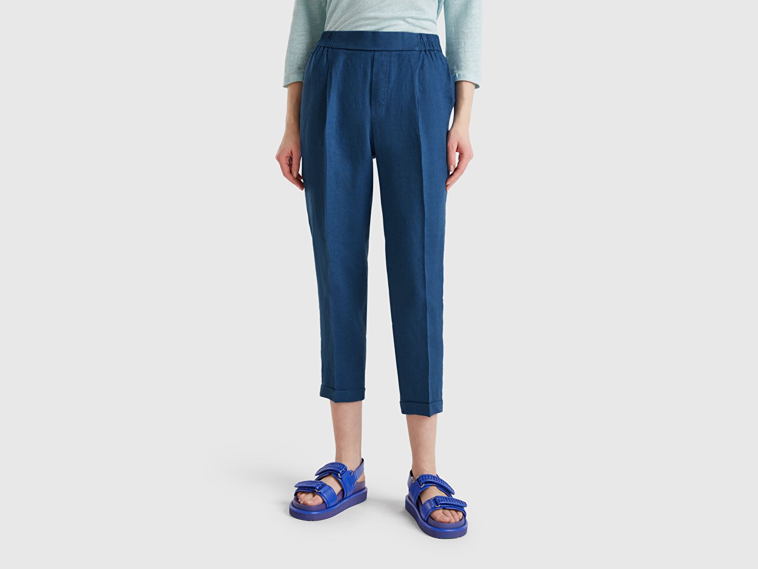 Benetton Kadın Denim %100 Keten Beli Lastikli Pantolon