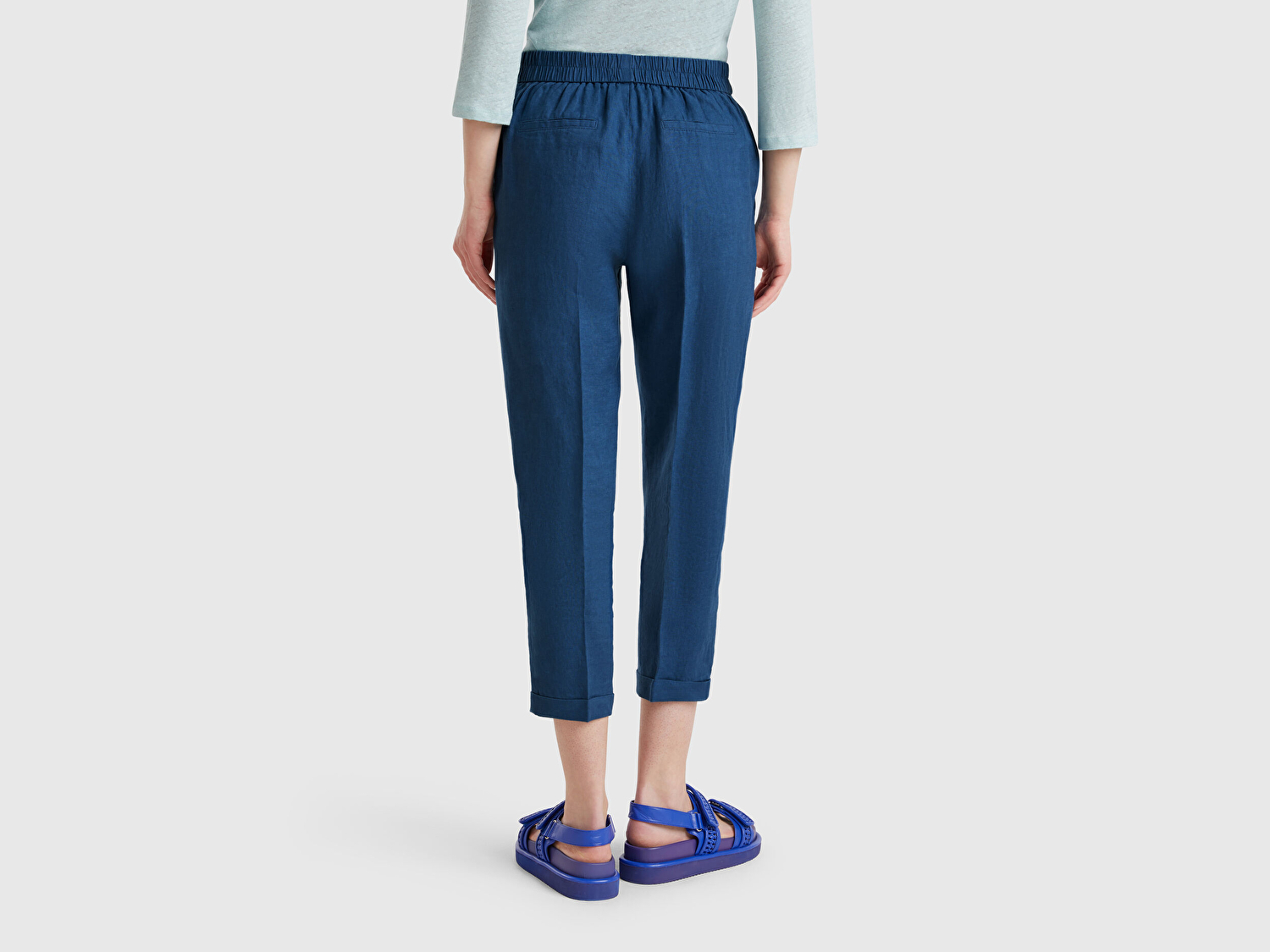 Benetton Kadın Denim %100 Keten Beli Lastikli Pantolon