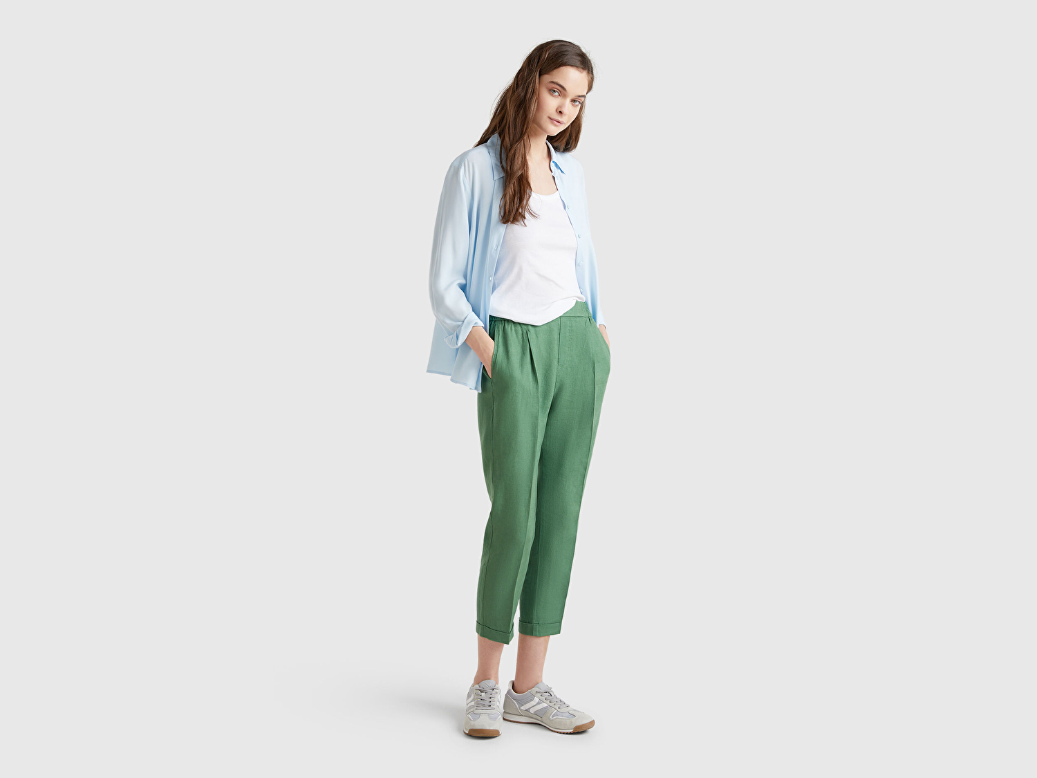 Benetton Kadın Açık Yeşil %100 Keten Beli Lastikli Pantolon