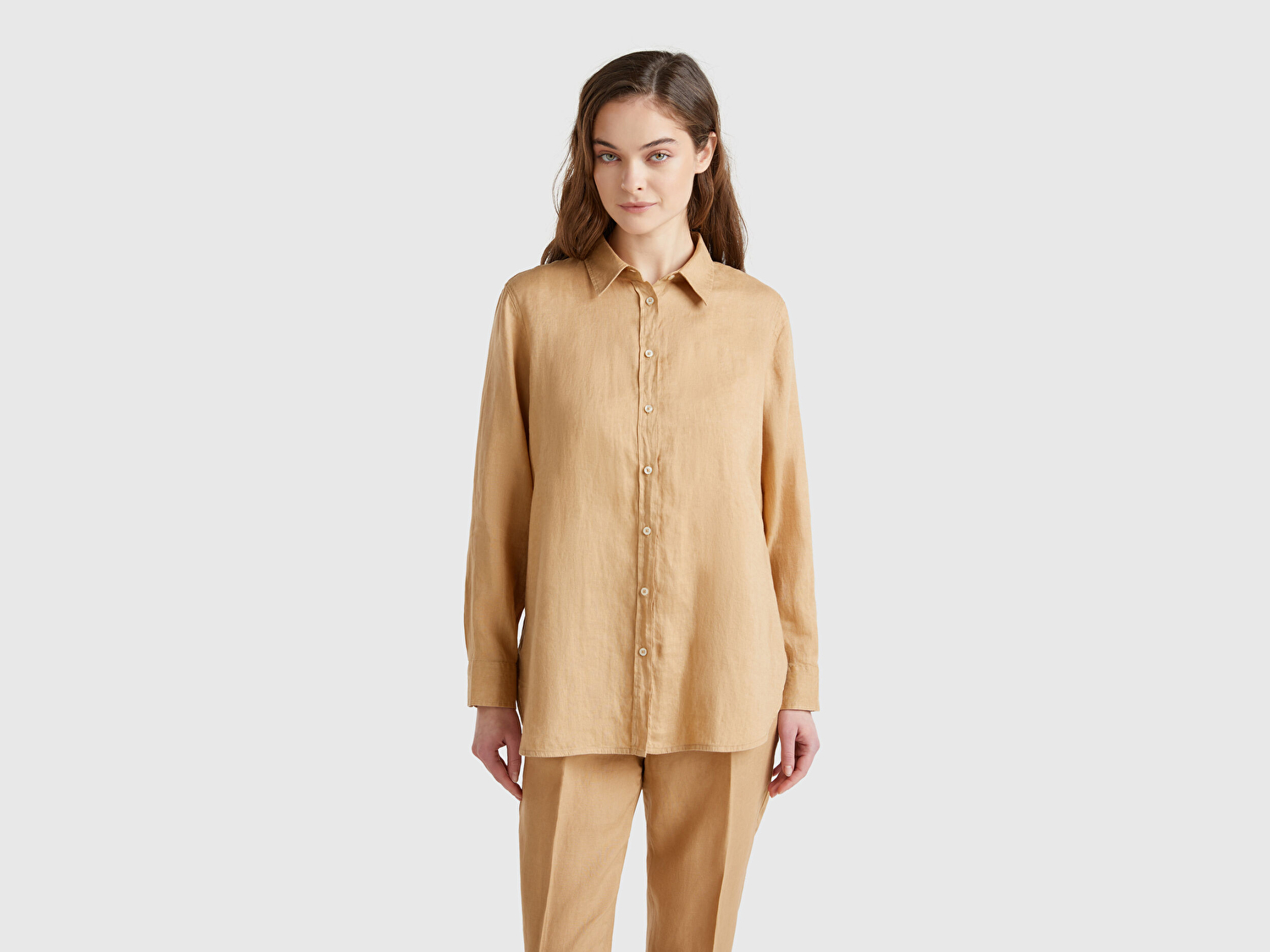 Benetton Kadın Bej %100 Keten Gömlek