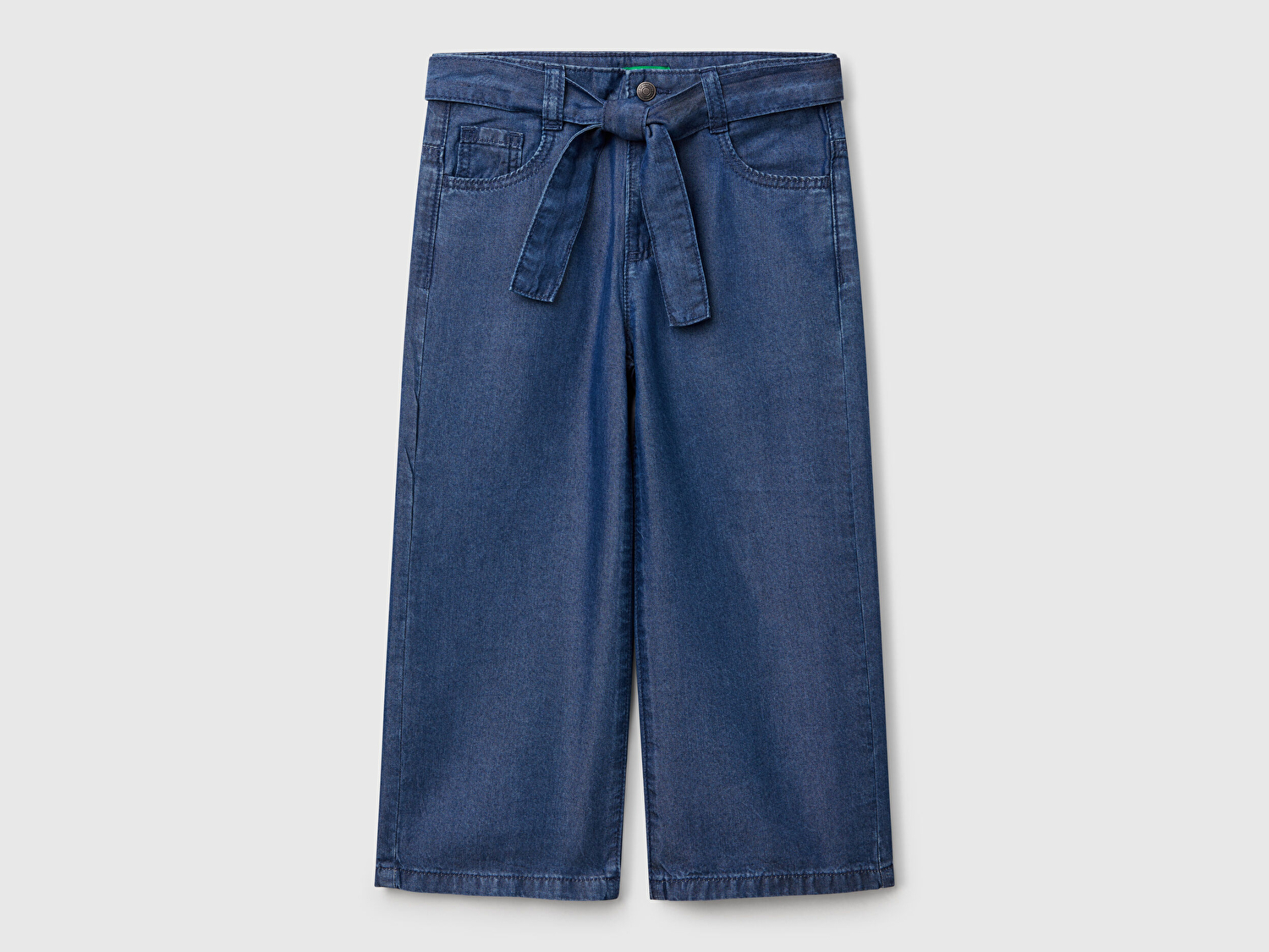 Benetton Kız Bebek Koyu Denim %100 Liyosel Taş Yıkama Kuşaklı Wide Leg Denim Pantolon