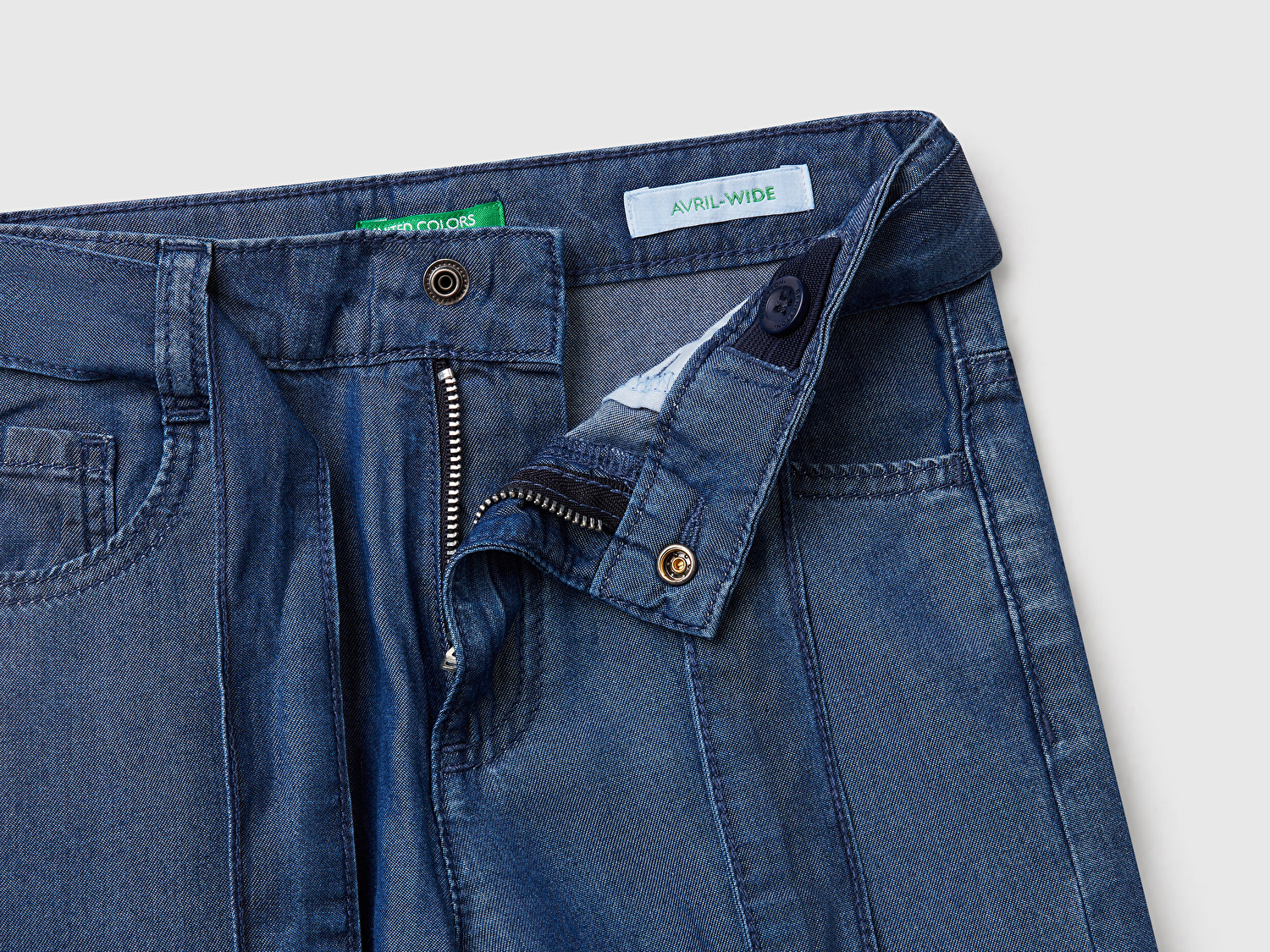 Benetton Kız Bebek Koyu Denim %100 Liyosel Taş Yıkama Kuşaklı Wide Leg Denim Pantolon