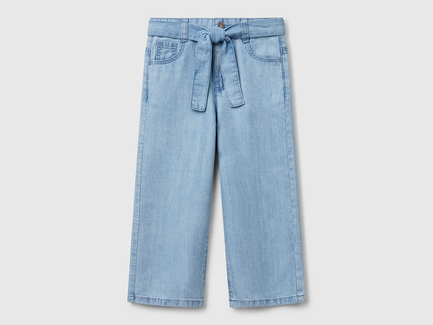 Benetton Kız Bebek Açık Denim %100 Liyosel Taş Yıkama Kuşaklı Wide Leg Denim Pantolon