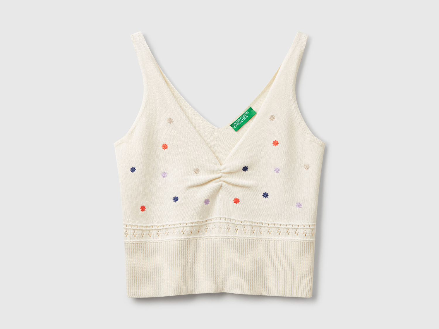 Benetton Kadın Krem %100 Pamuk Çiçek İşlemeli Göğsü Büzgülü Regular Fit Triko Atlet