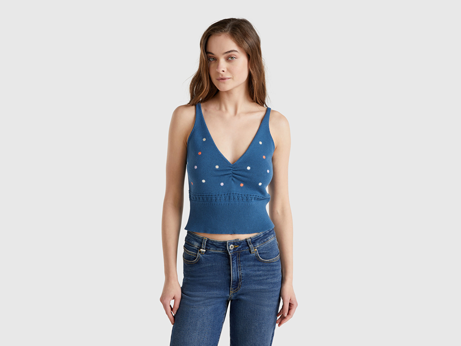 Benetton Kadın Denim %100 Pamuk Çiçek İşlemeli Göğsü Büzgülü Regular Fit Triko Atlet