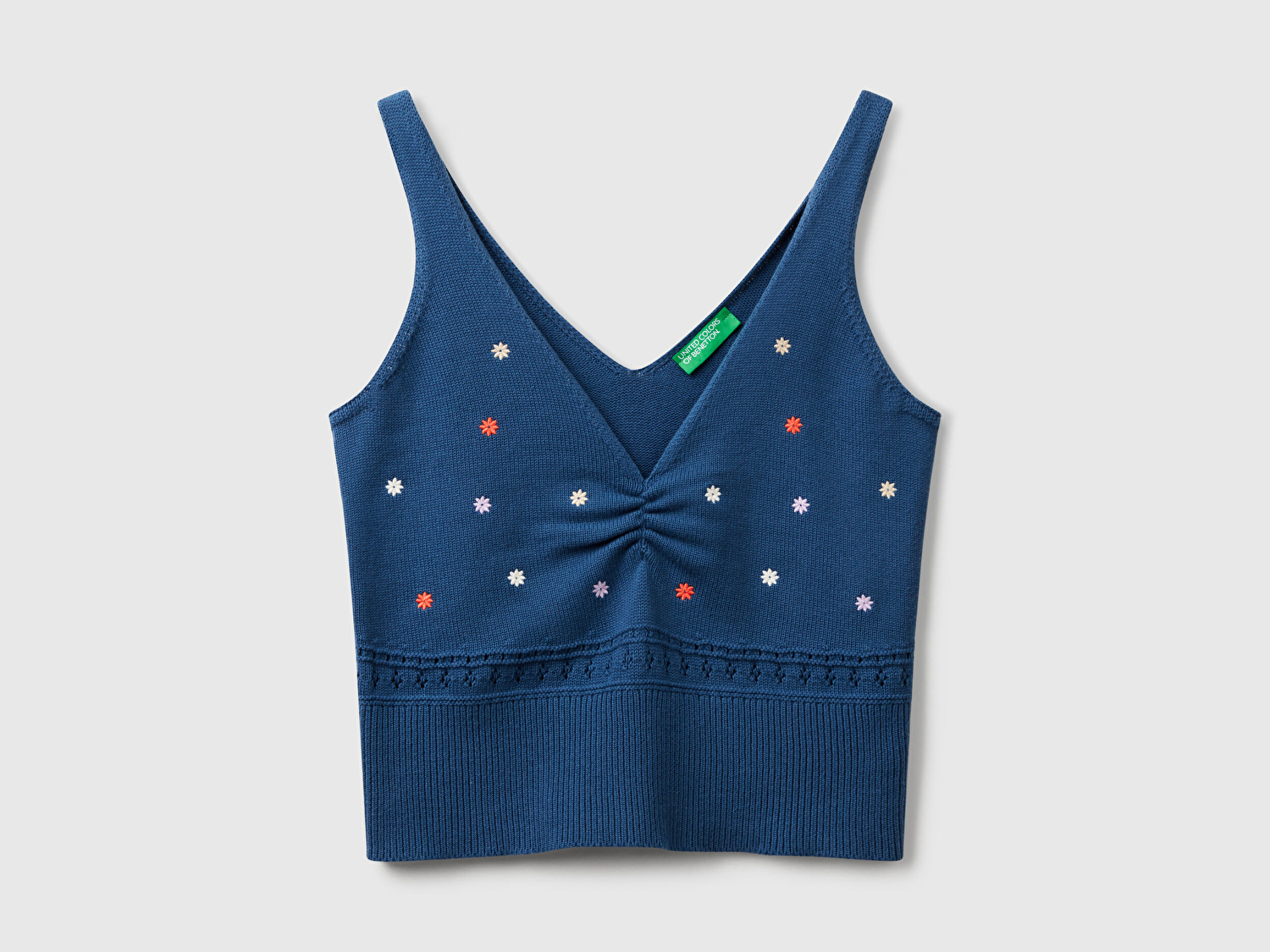 Benetton Kadın Denim %100 Pamuk Çiçek İşlemeli Göğsü Büzgülü Regular Fit Triko Atlet
