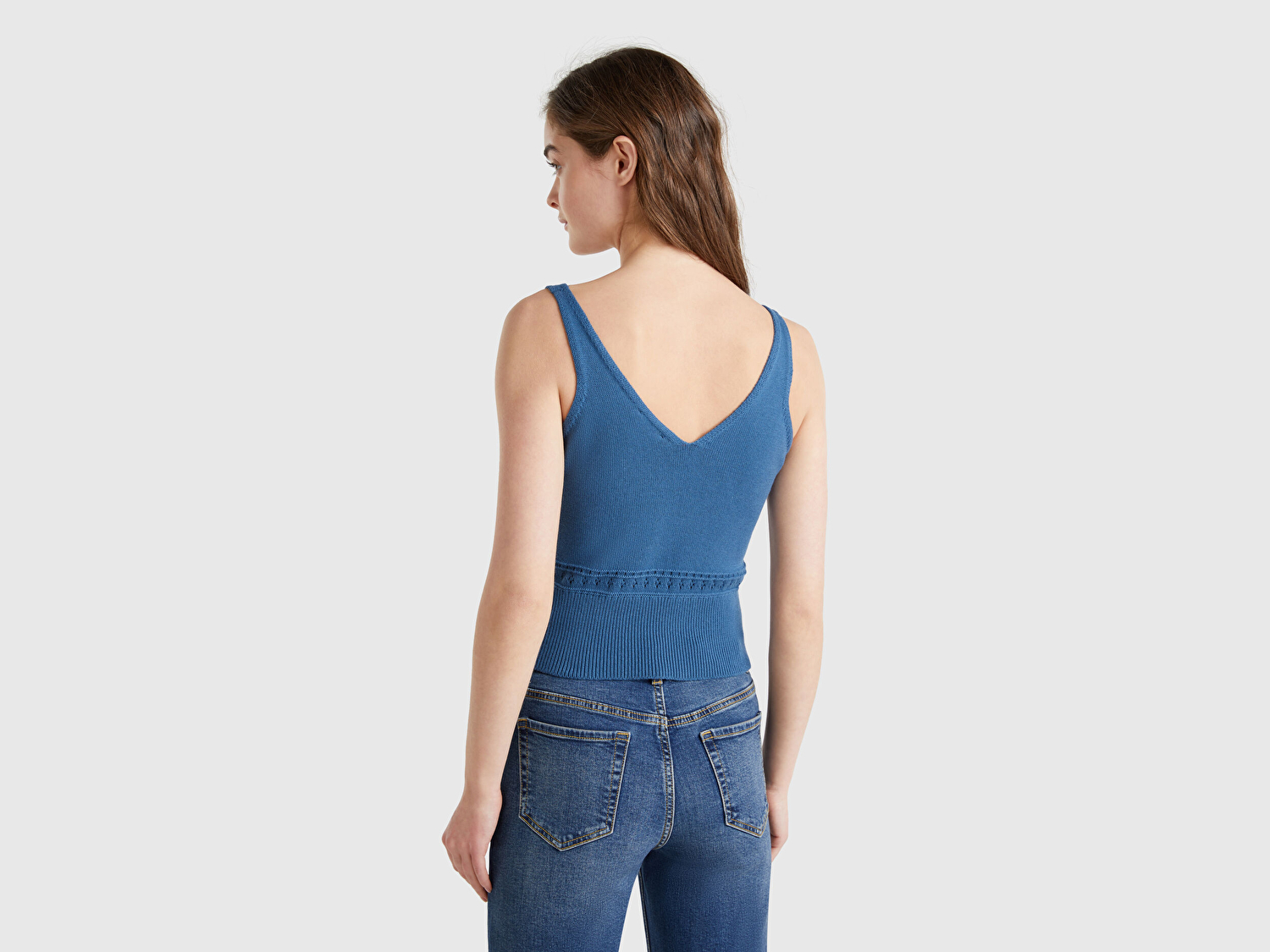 Benetton Kadın Denim %100 Pamuk Çiçek İşlemeli Göğsü Büzgülü Regular Fit Triko Atlet