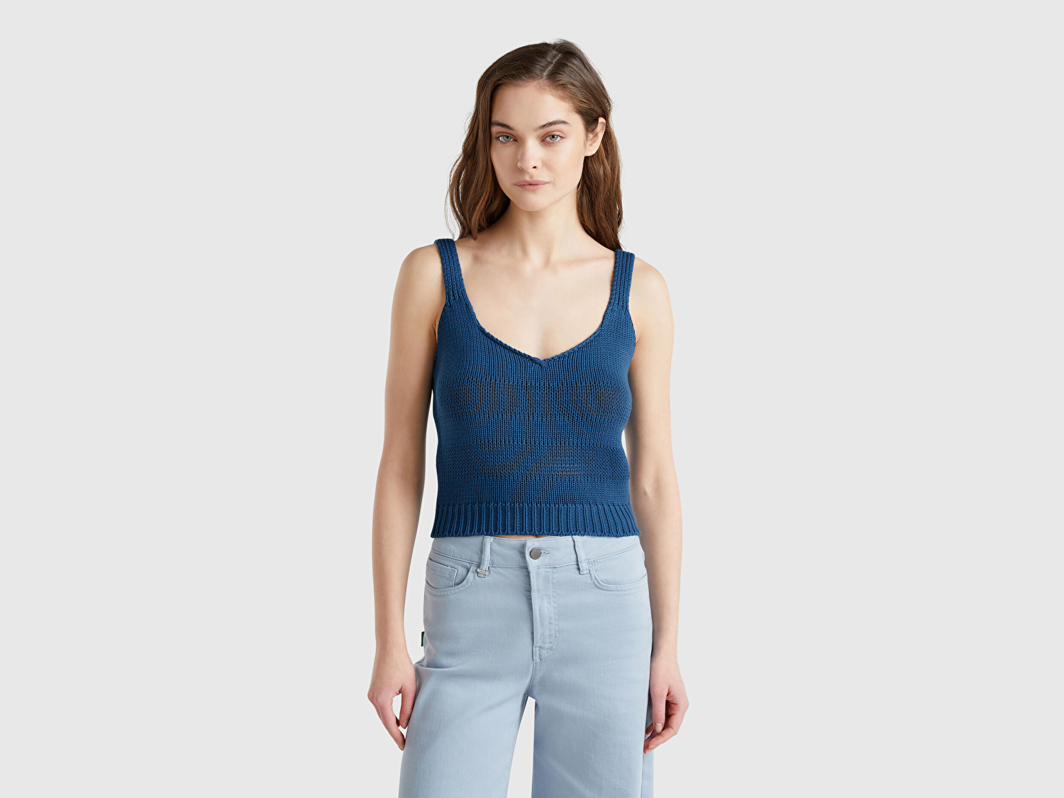 Benetton Kadın Denim %100 Pamuk Şerit Efektli Örme Relax Fit V Yaka Triko Atlet