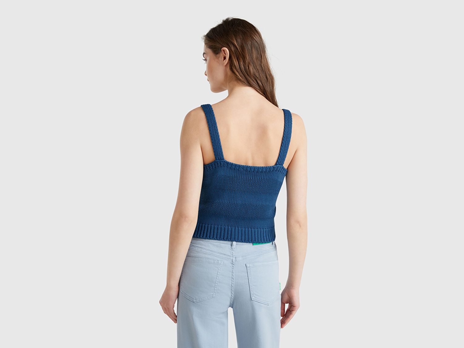 Benetton Kadın Denim %100 Pamuk Şerit Efektli Örme Relax Fit V Yaka Triko Atlet