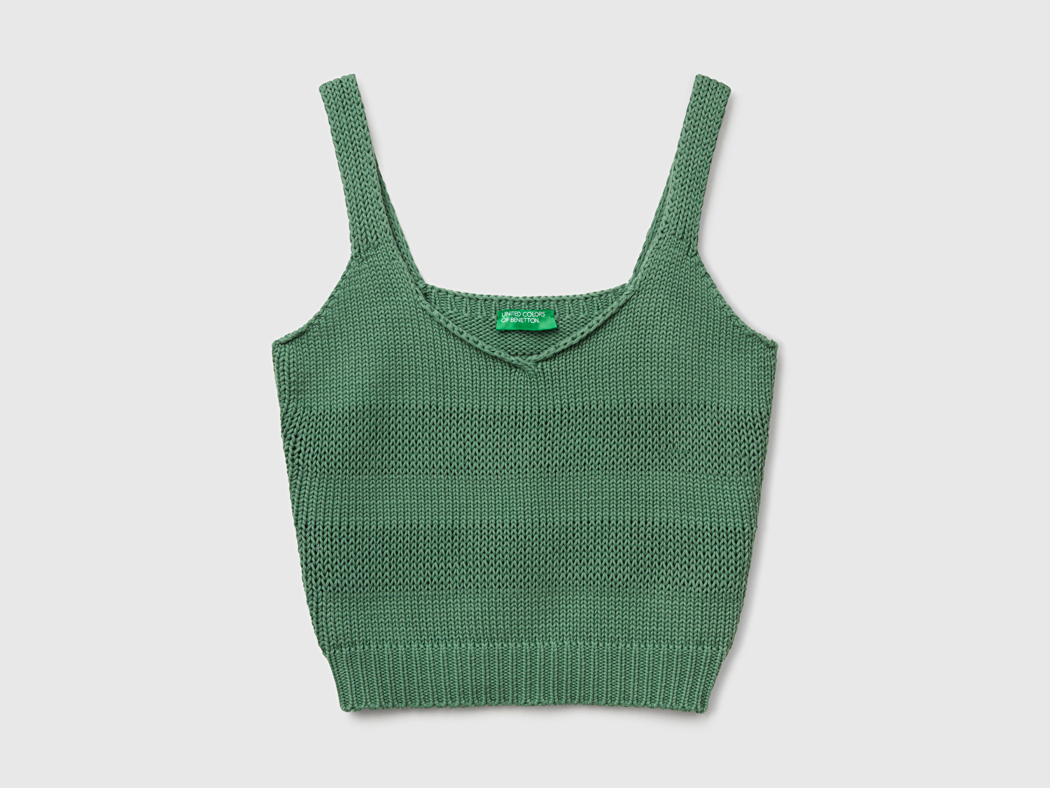 Benetton Kadın Açık Yeşil %100 Pamuk Şerit Efektli Örme Relax Fit V Yaka Triko Atlet