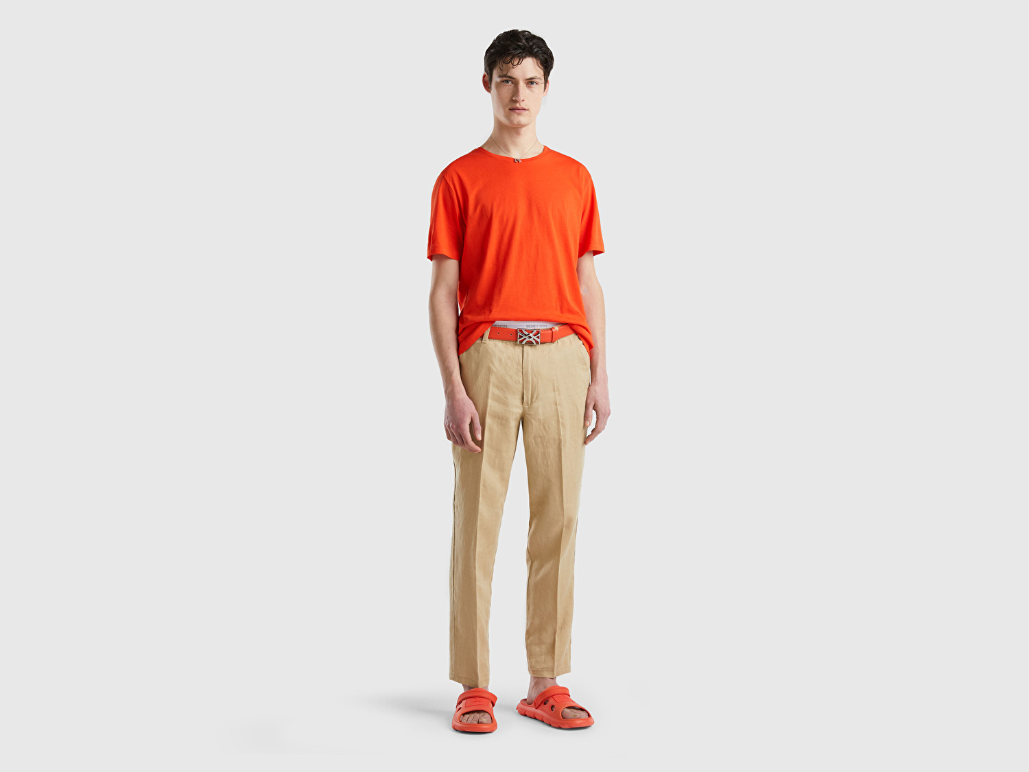 Benetton Erkek Bej %100 Keten Pantolon